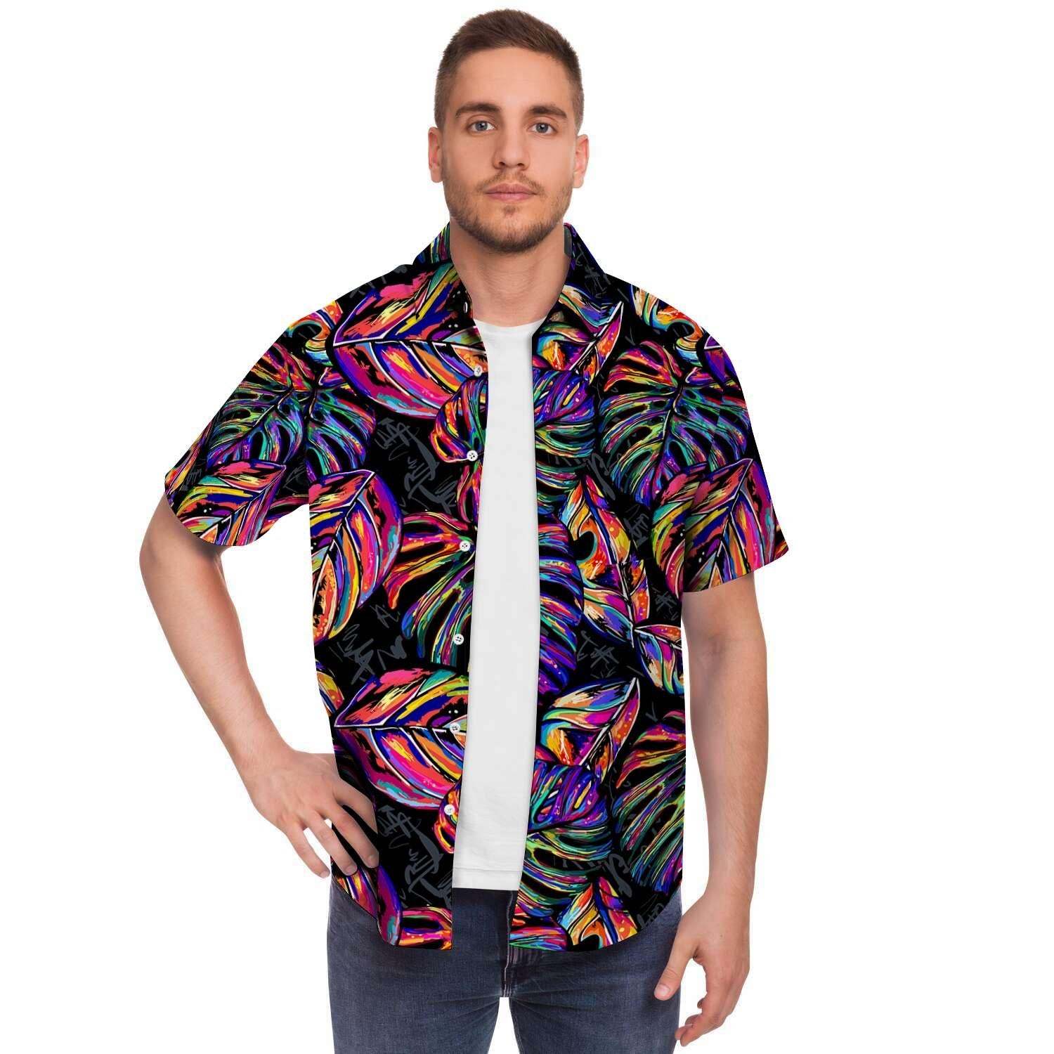 Neon Multicolor Palm Leaf Print Men Print Short Sleeve Button-Up Shirts