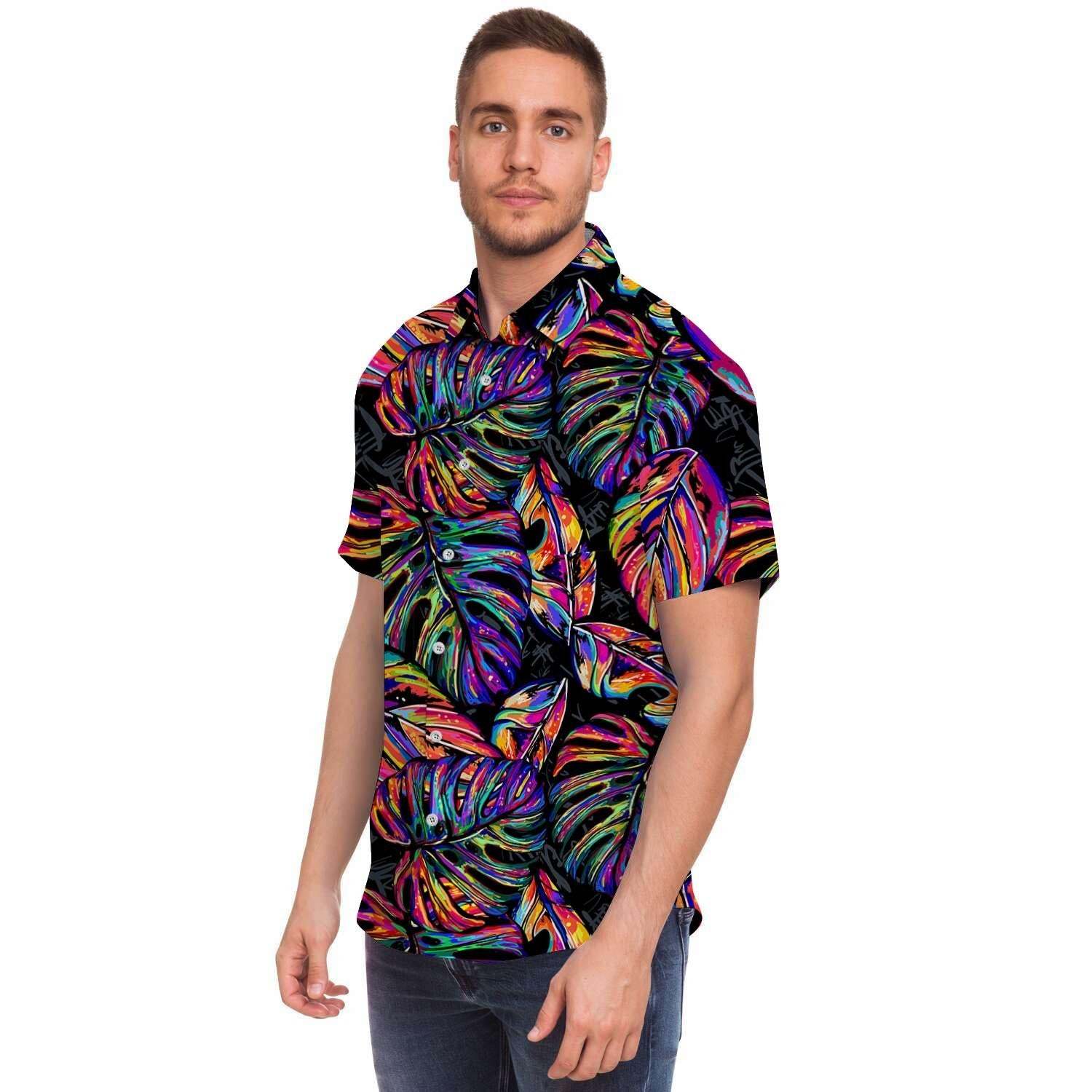 Neon Multicolor Palm Leaf Print Men Print Short Sleeve Button-Up Shirts