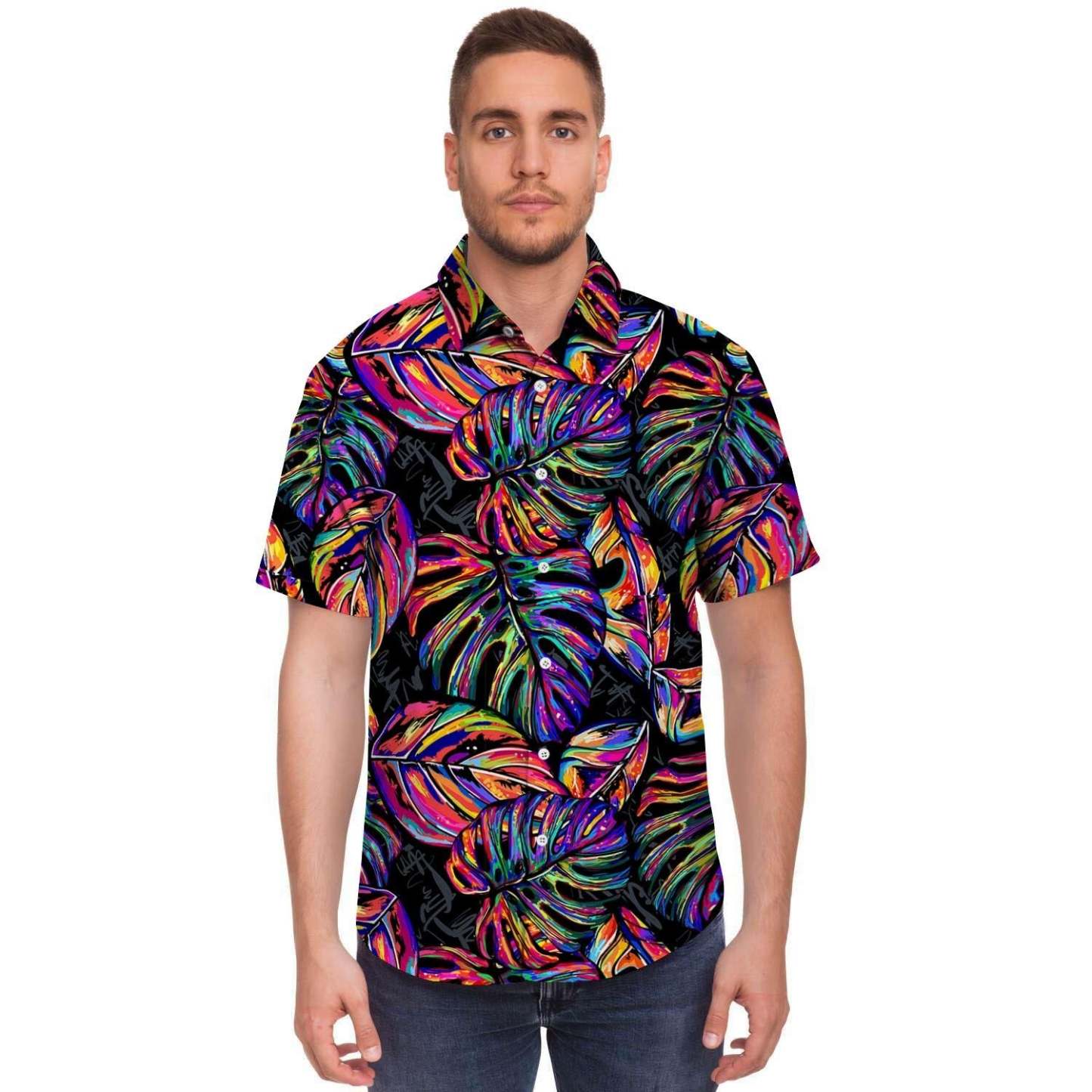 Neon Multicolor Palm Leaf Print Men Print Short Sleeve Button-Up Shirts