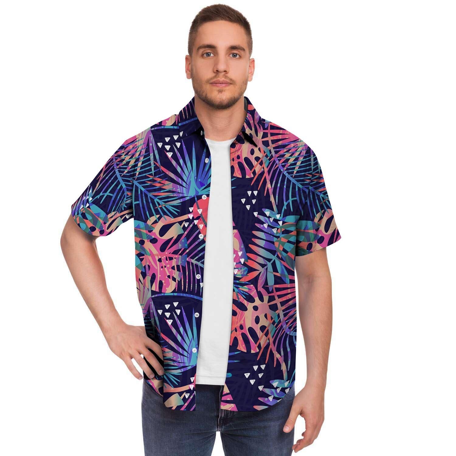 Neon Palm Leaf Hawaiian Print Men Print Short Sleeve Button-Up Shirts