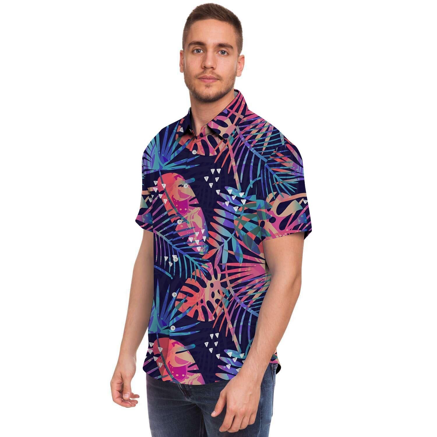 Neon Palm Leaf Hawaiian Print Men Print Short Sleeve Button-Up Shirts