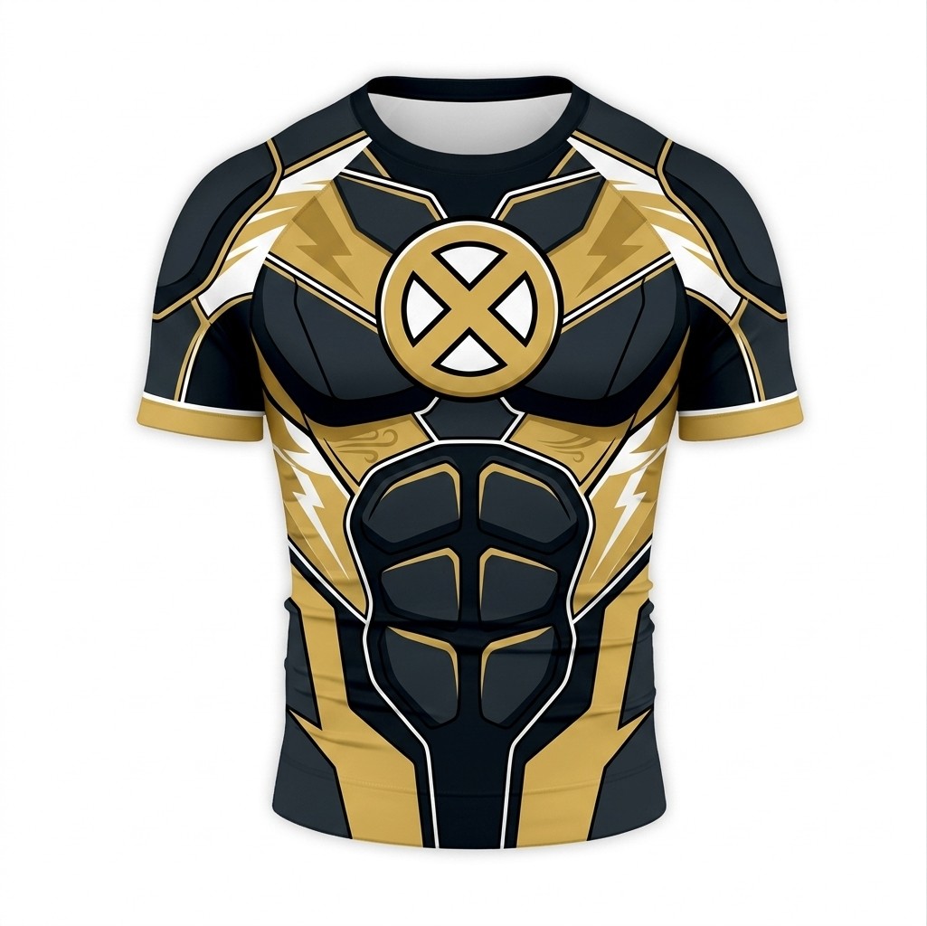 Ororo Munroe X Men Storm Superhero Shadow Stalker Segmented Plating Black And Gold Short Sleeve Compression Shirt