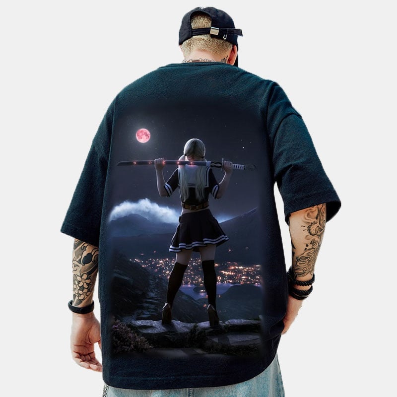 Cool Japanese Ninja GirlStreet Wear Black Oversized Anime T-Shirt