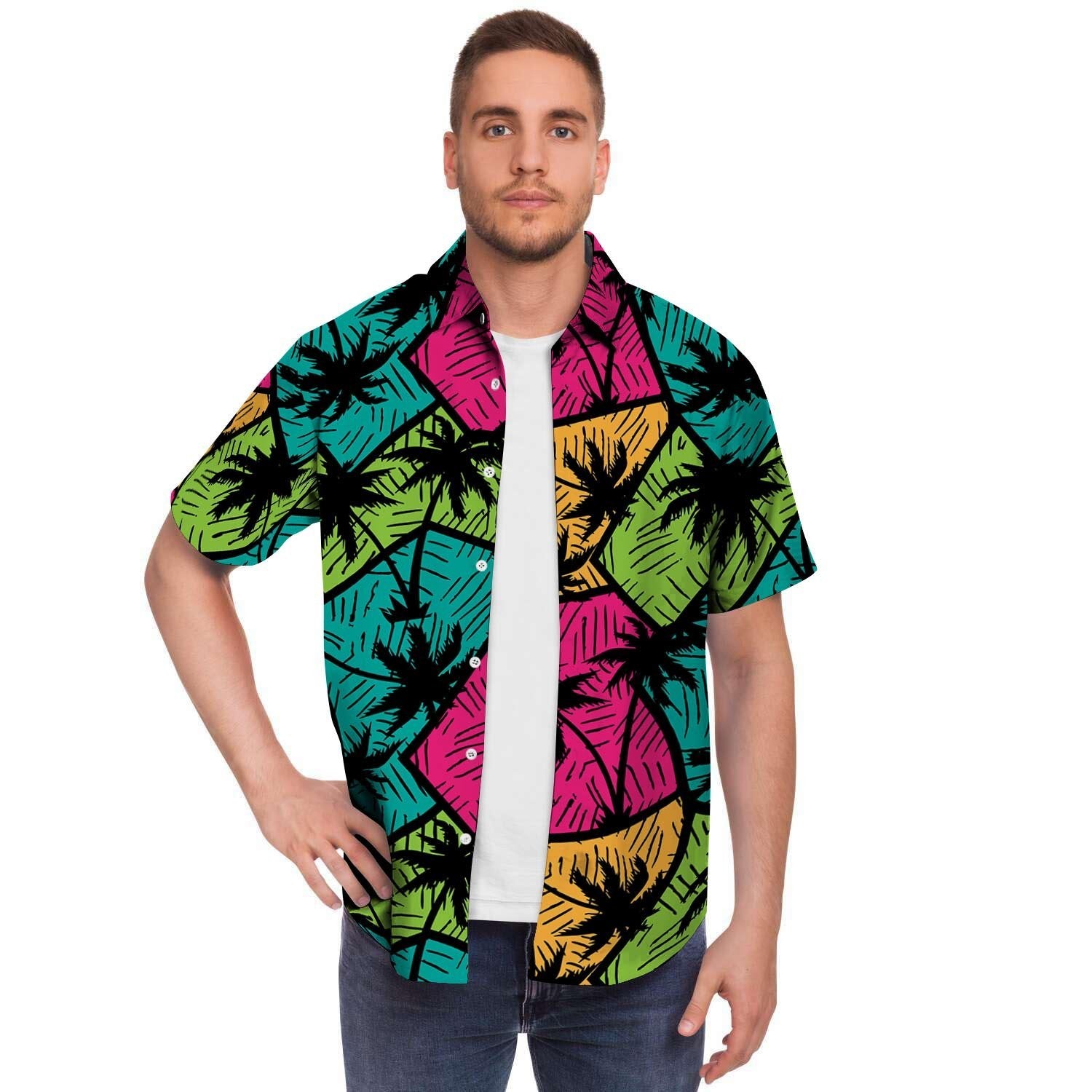 Palm Leaf Hawaiian Print Pattern Men Print Short Sleeve Button-Up Shirts