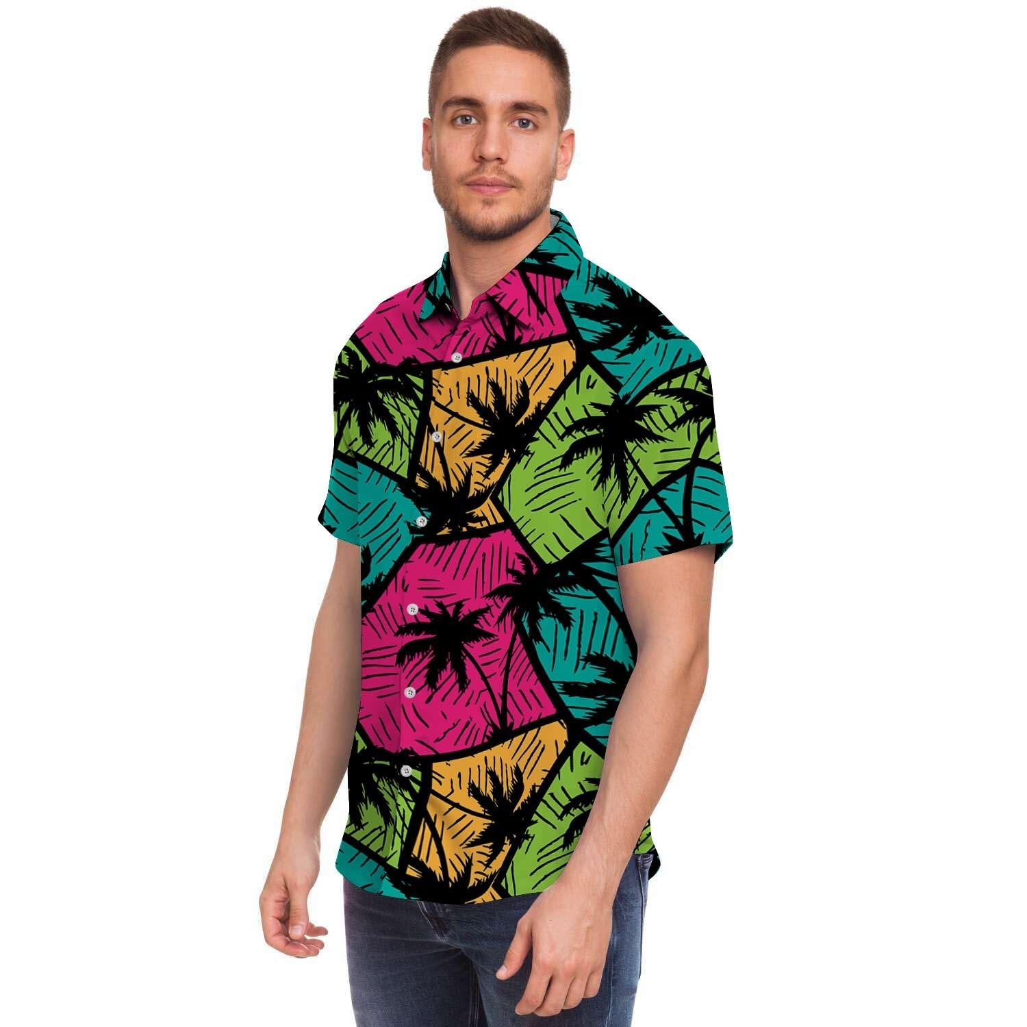 Palm Leaf Hawaiian Print Pattern Men Print Short Sleeve Button-Up Shirts
