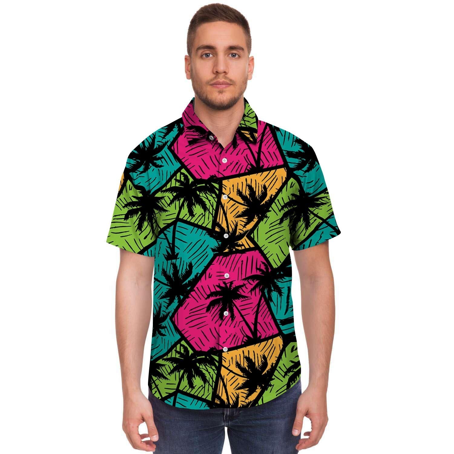 Palm Leaf Hawaiian Print Pattern Men Print Short Sleeve Button-Up Shirts