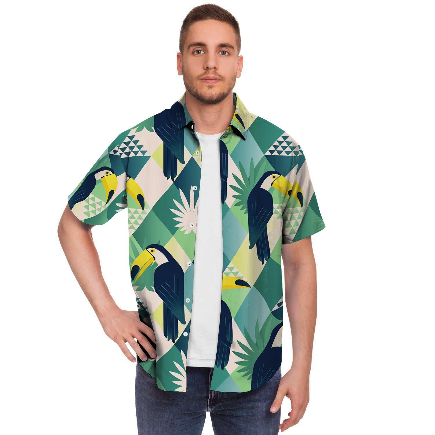 Patchwork Tropical Toucan Print Men Print Short Sleeve Button-Up Shirts