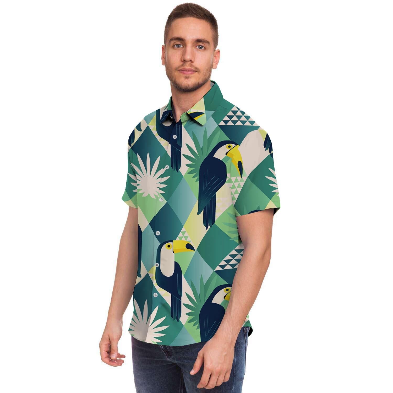 Patchwork Tropical Toucan Print Men Print Short Sleeve Button-Up Shirts