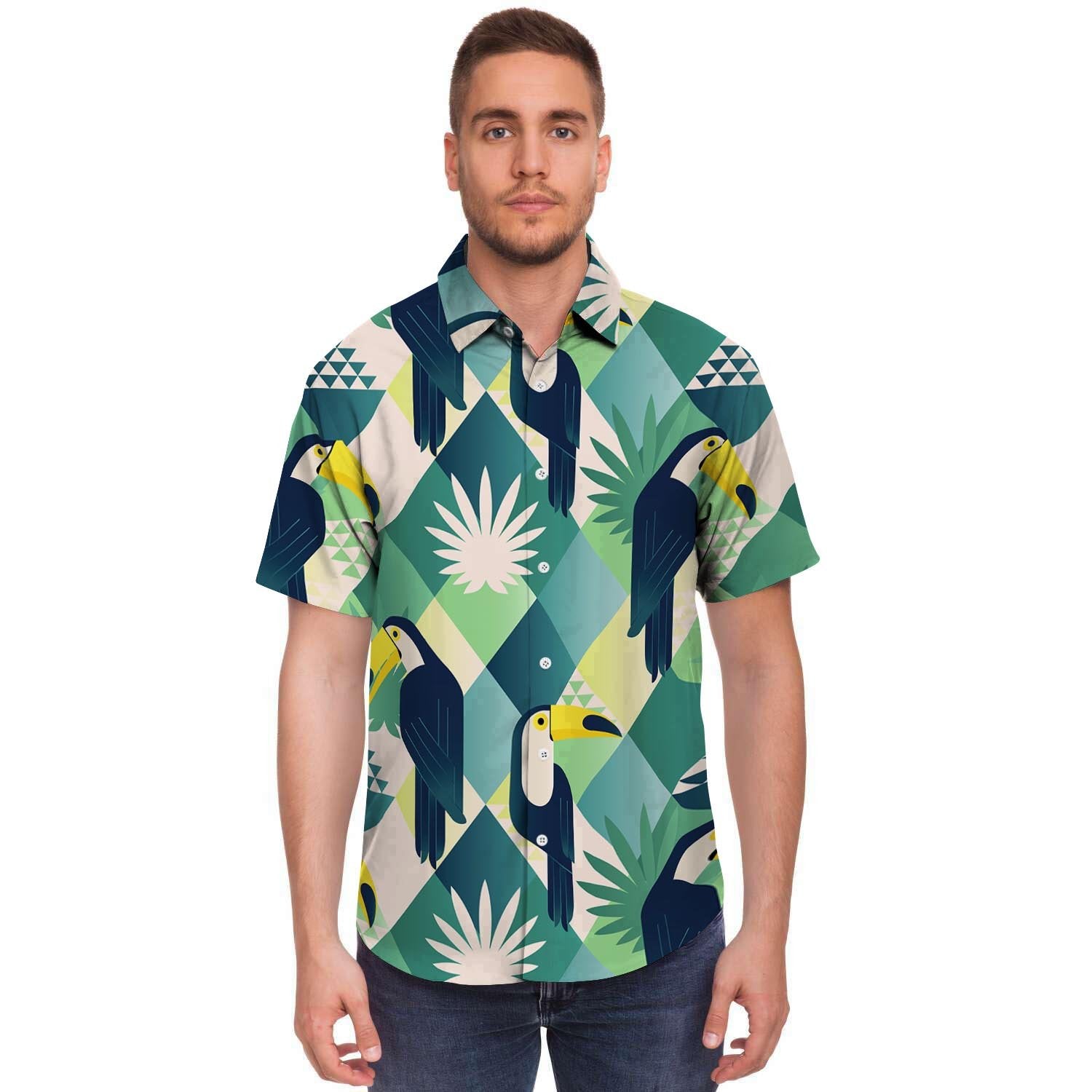 Patchwork Tropical Toucan Print Men Print Short Sleeve Button-Up Shirts