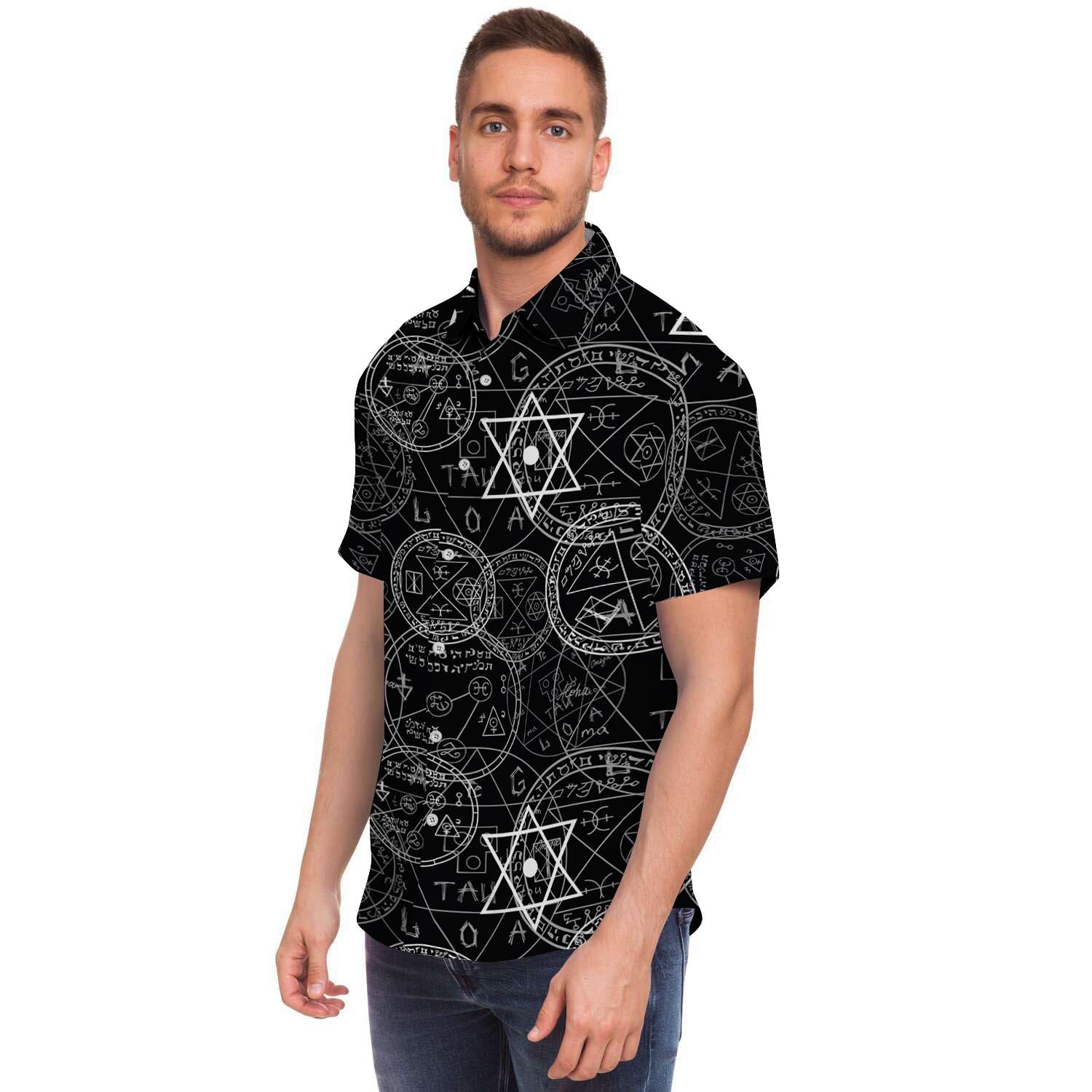 Pentagram Gothic Witch Men Print Short Sleeve Button-Up Shirts