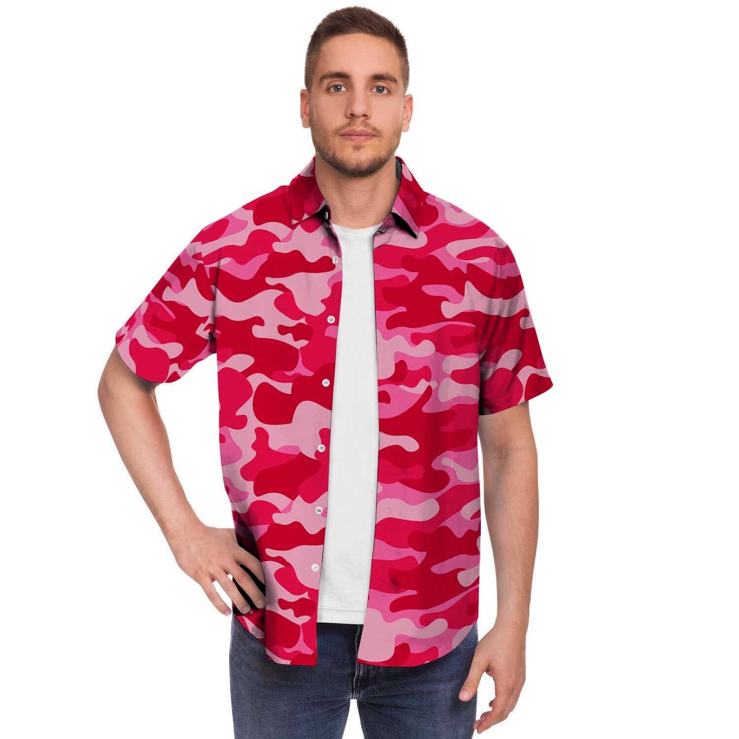 Pink Camo Print Men Print Short Sleeve Button-Up Shirts