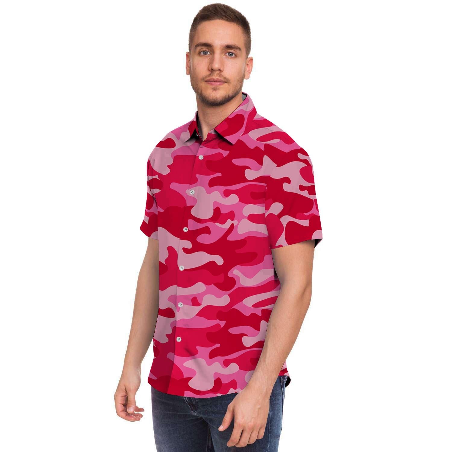 Pink Camo Print Men Print Short Sleeve Button-Up Shirts