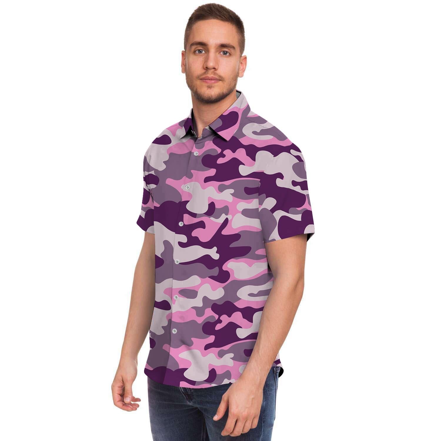 Pink Camouflage Print Men Print Short Sleeve Button-Up Shirts