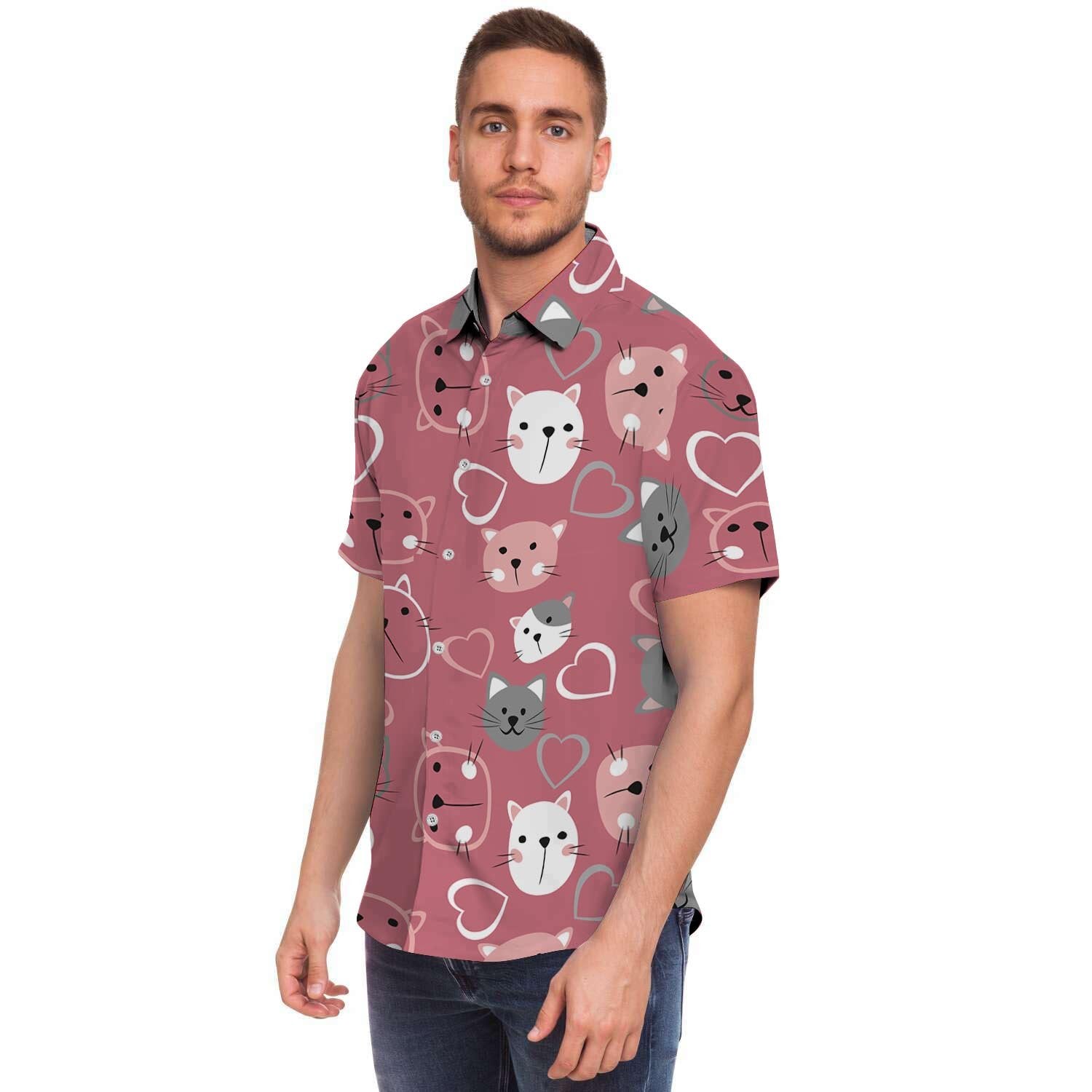 Pink Cat Face Print Men Print Short Sleeve Button-Up Shirts
