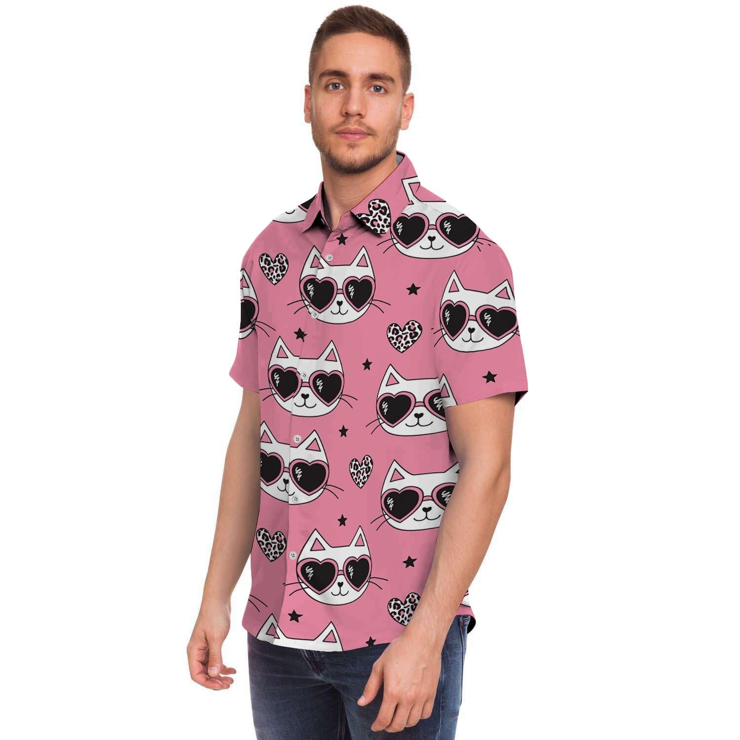 Pink Cat Print Men Print Short Sleeve Button-Up Shirts