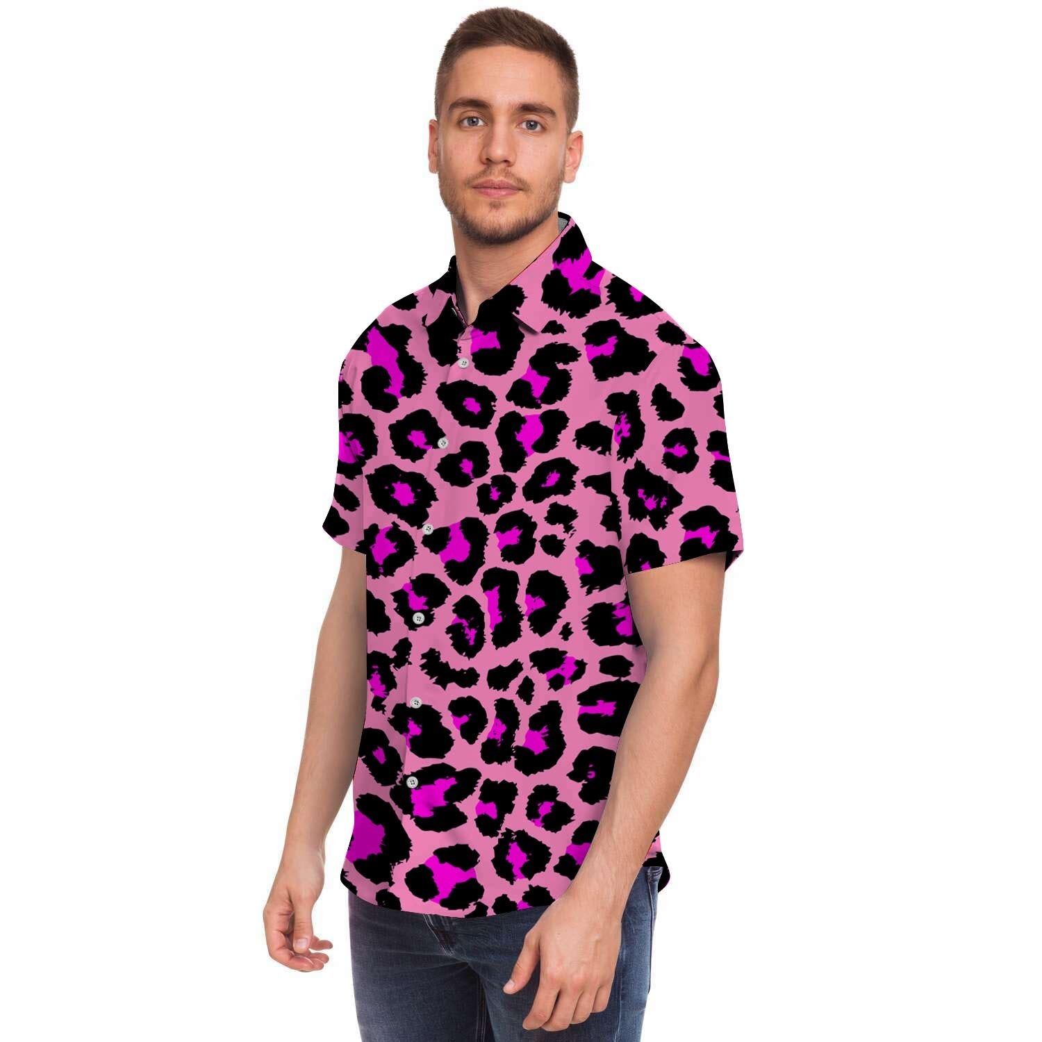 Pink Cheetah Leopard Men Print Short Sleeve Button-Up Shirts