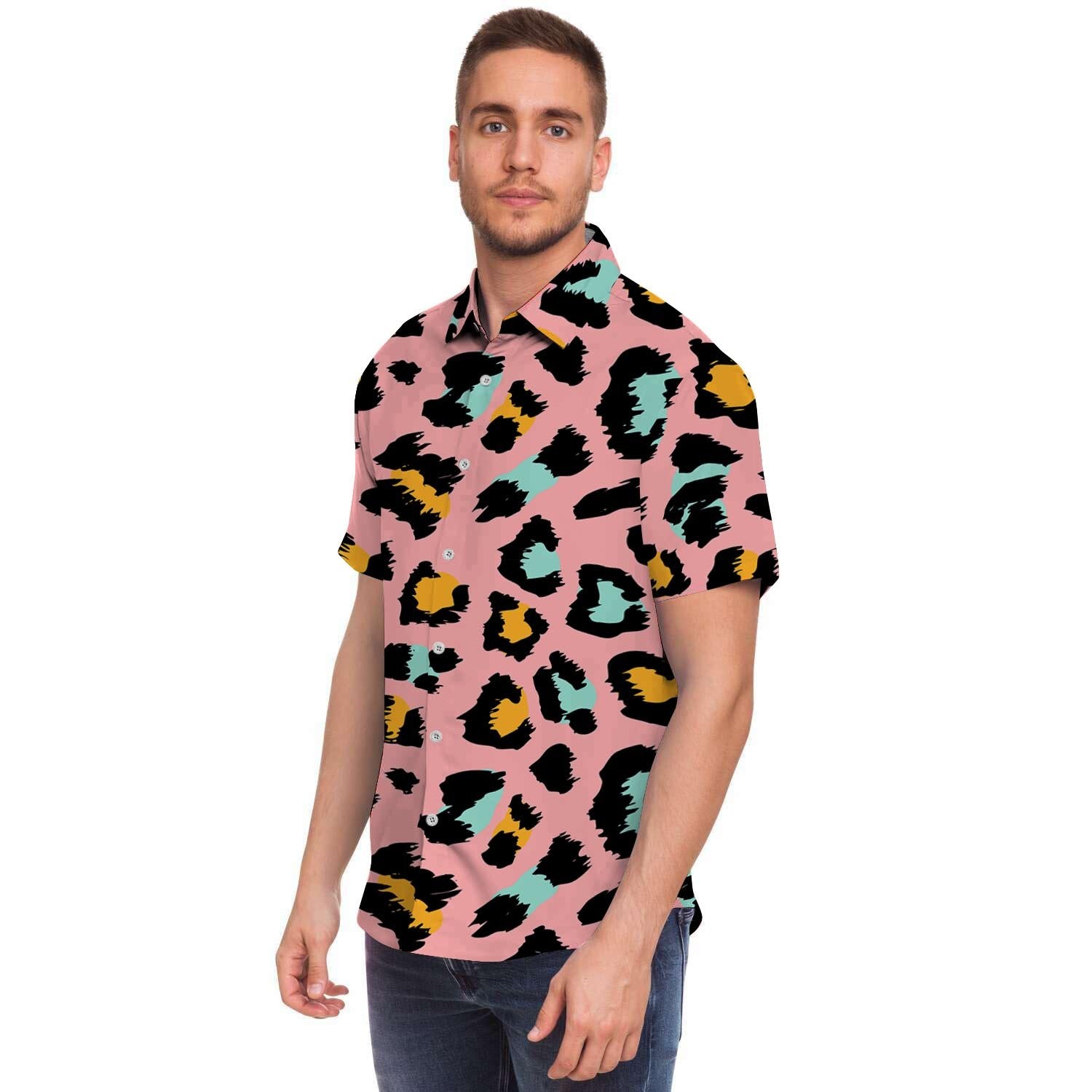 Pink Cheetah Print Men Print Short Sleeve Button-Up Shirts