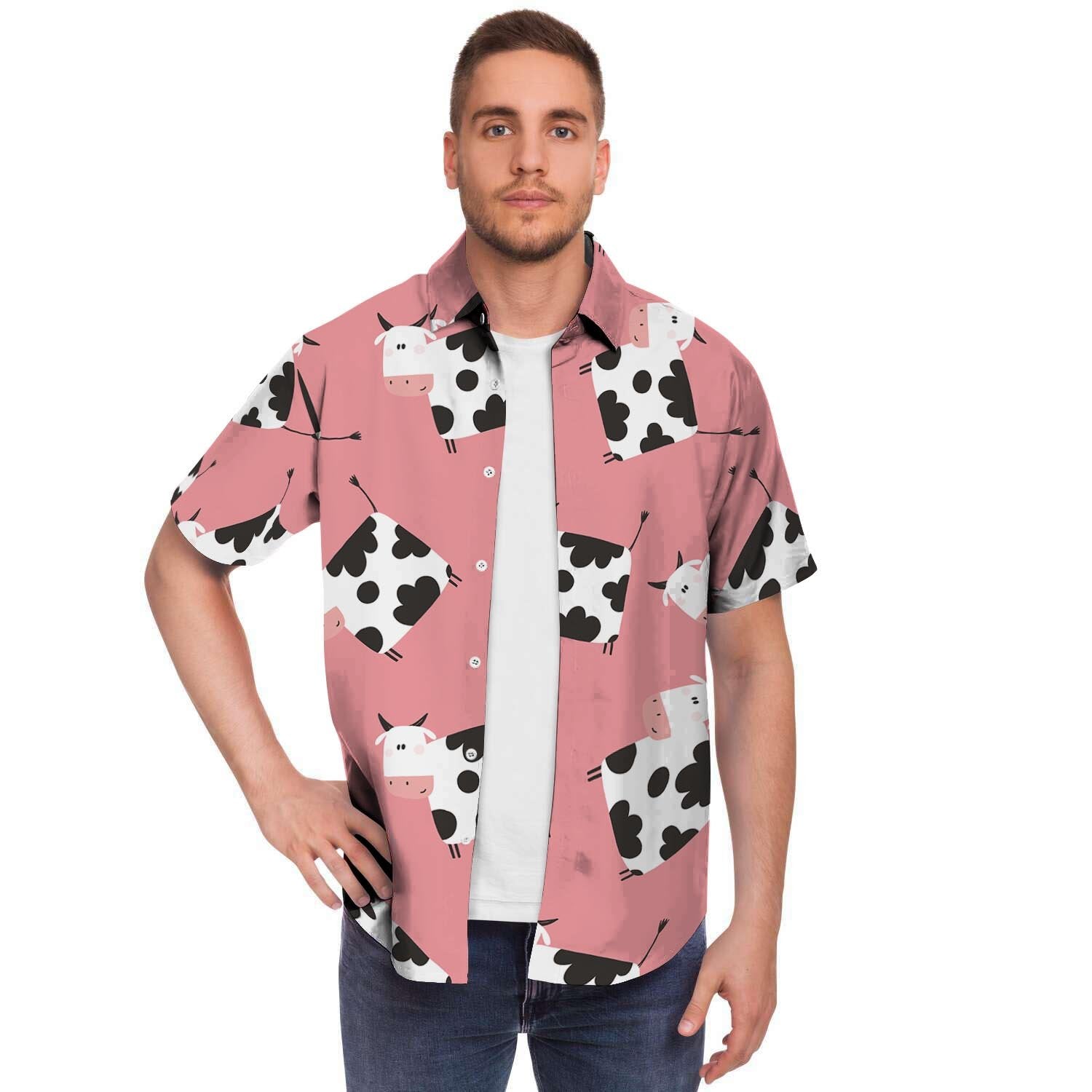 Pink Cow Pattern Print Men Print Short Sleeve Button-Up Shirts