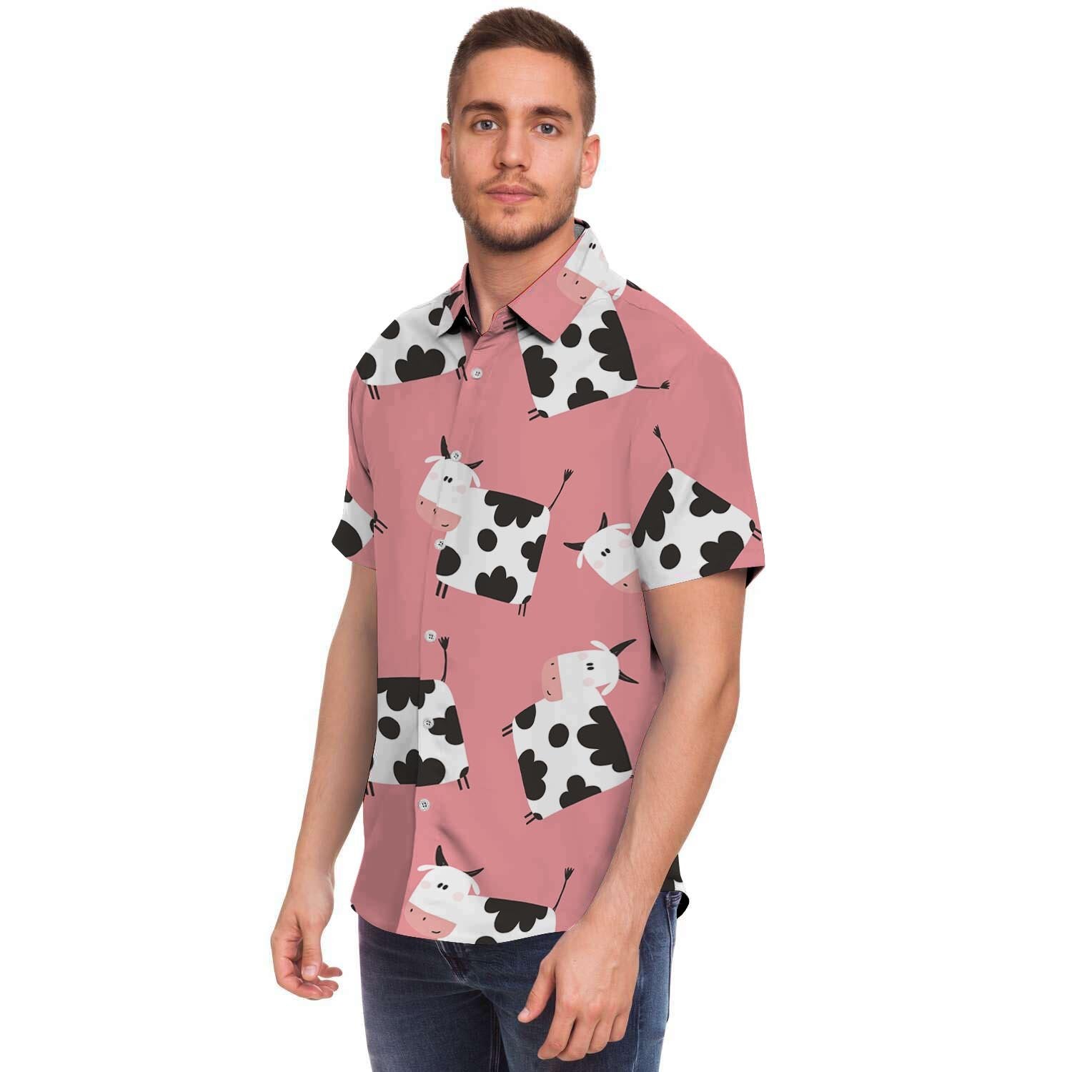 Pink Cow Pattern Print Men Print Short Sleeve Button-Up Shirts