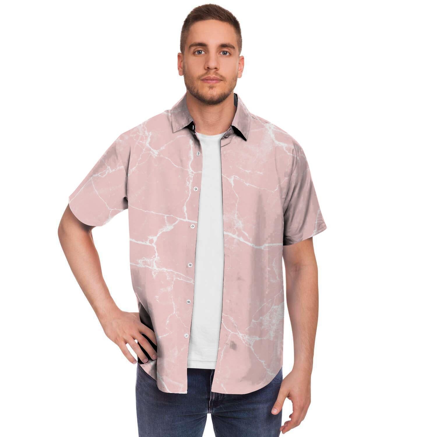 Pink Cracked Marble Men Print Short Sleeve Button-Up Shirts