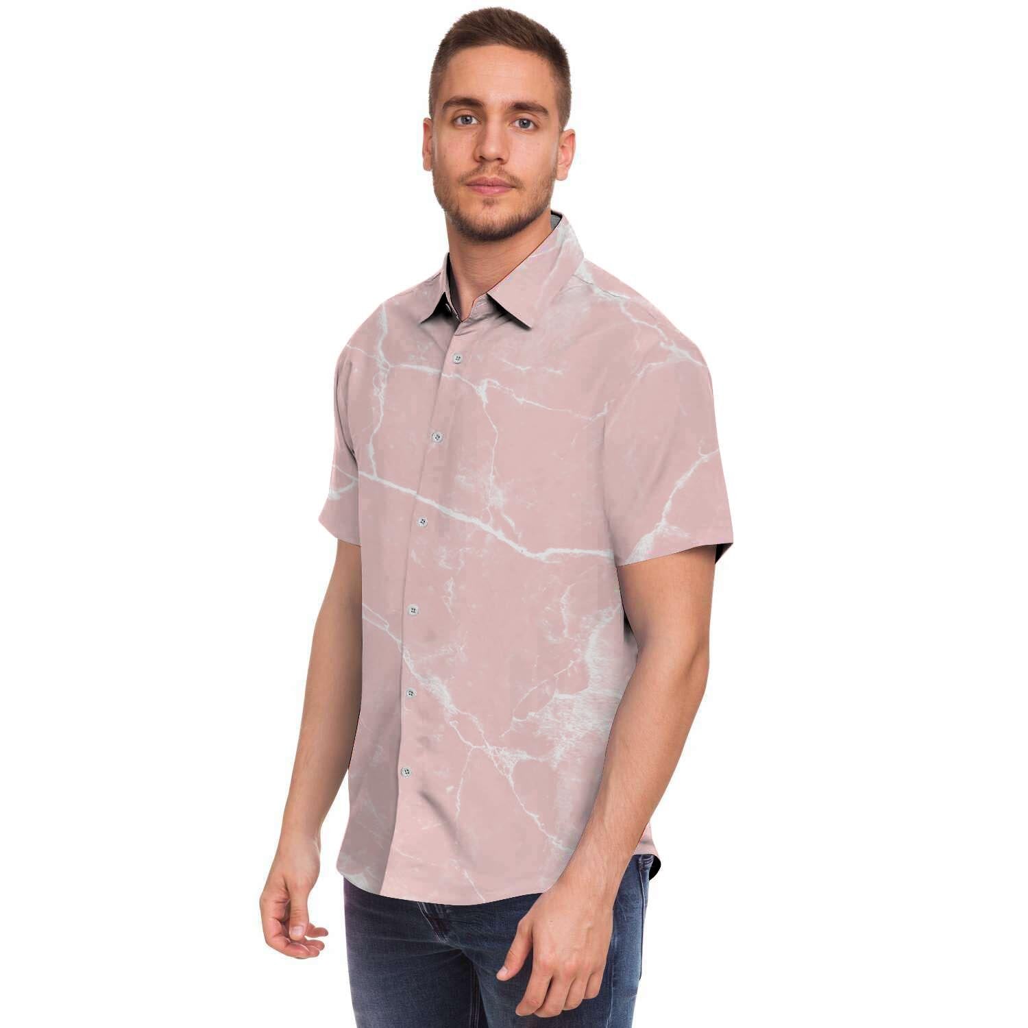 Pink Cracked Marble Men Print Short Sleeve Button-Up Shirts