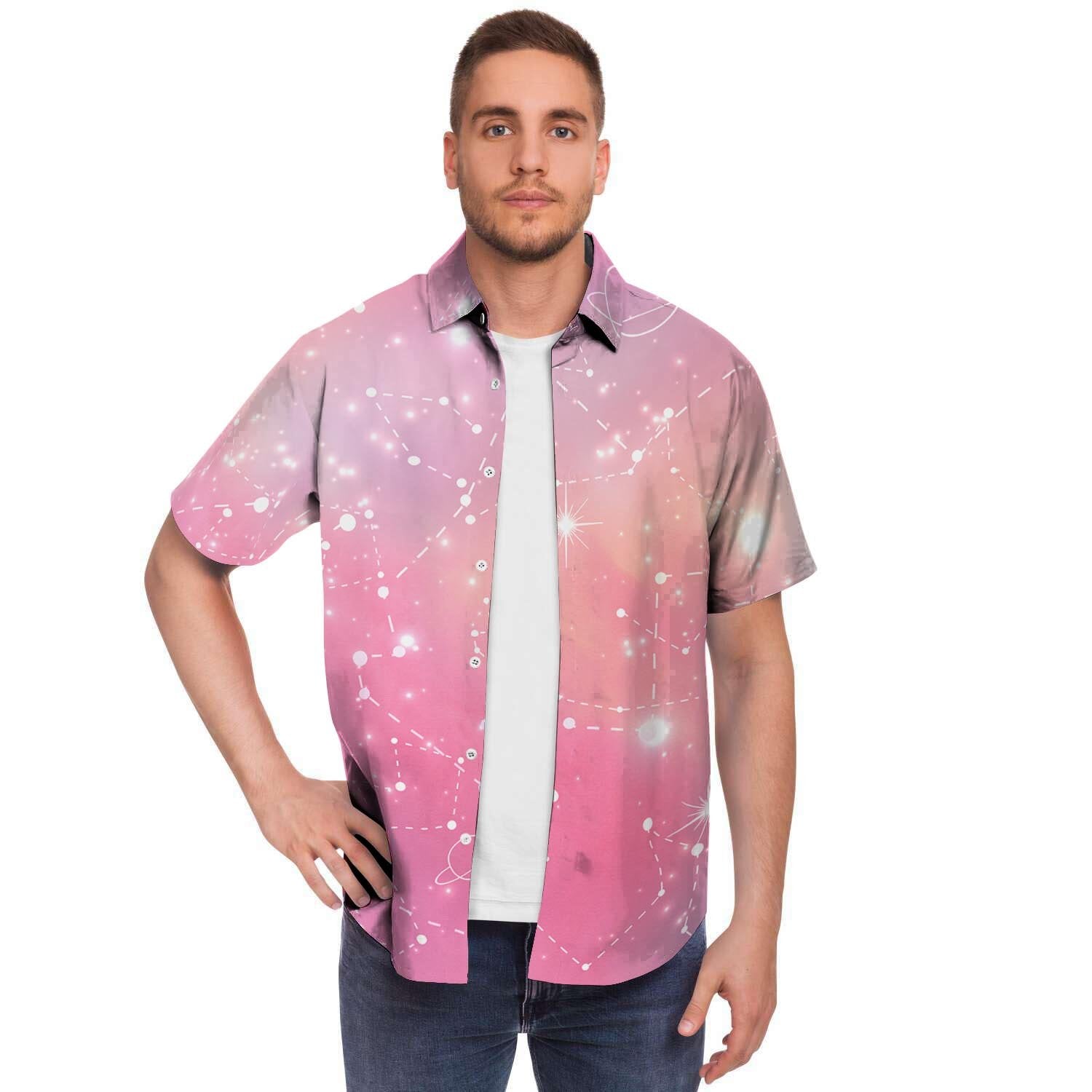 Pink Galaxy Stardust Men Print Short Sleeve Button-Up Shirts