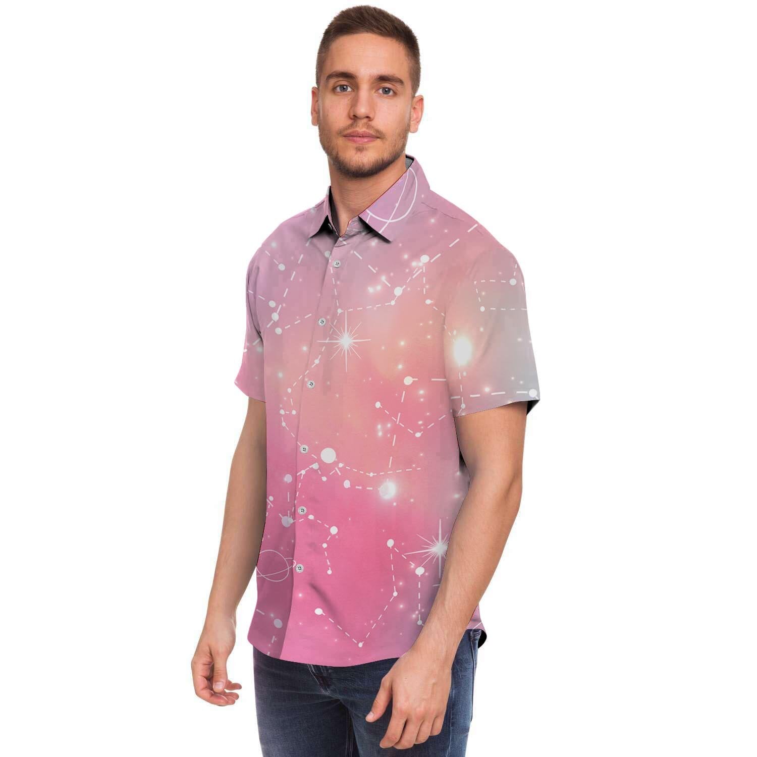 Pink Galaxy Stardust Men Print Short Sleeve Button-Up Shirts
