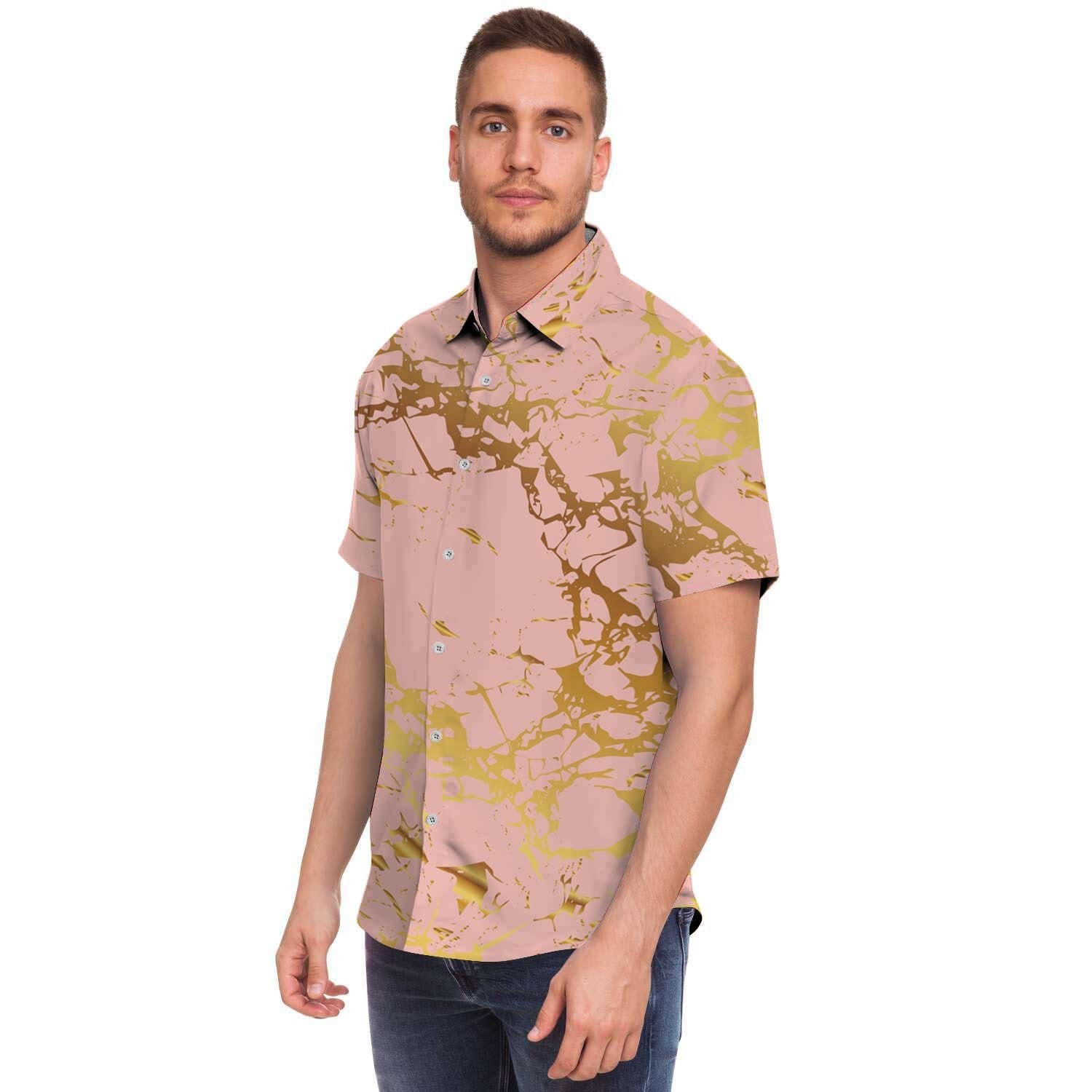 Pink Gold Marble Men Print Short Sleeve Button-Up Shirts