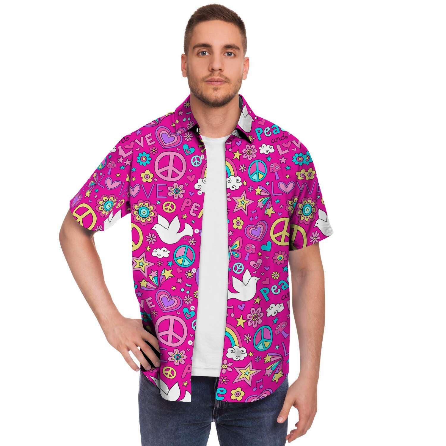 Pink Hippie Men Print Short Sleeve Button-Up Shirts