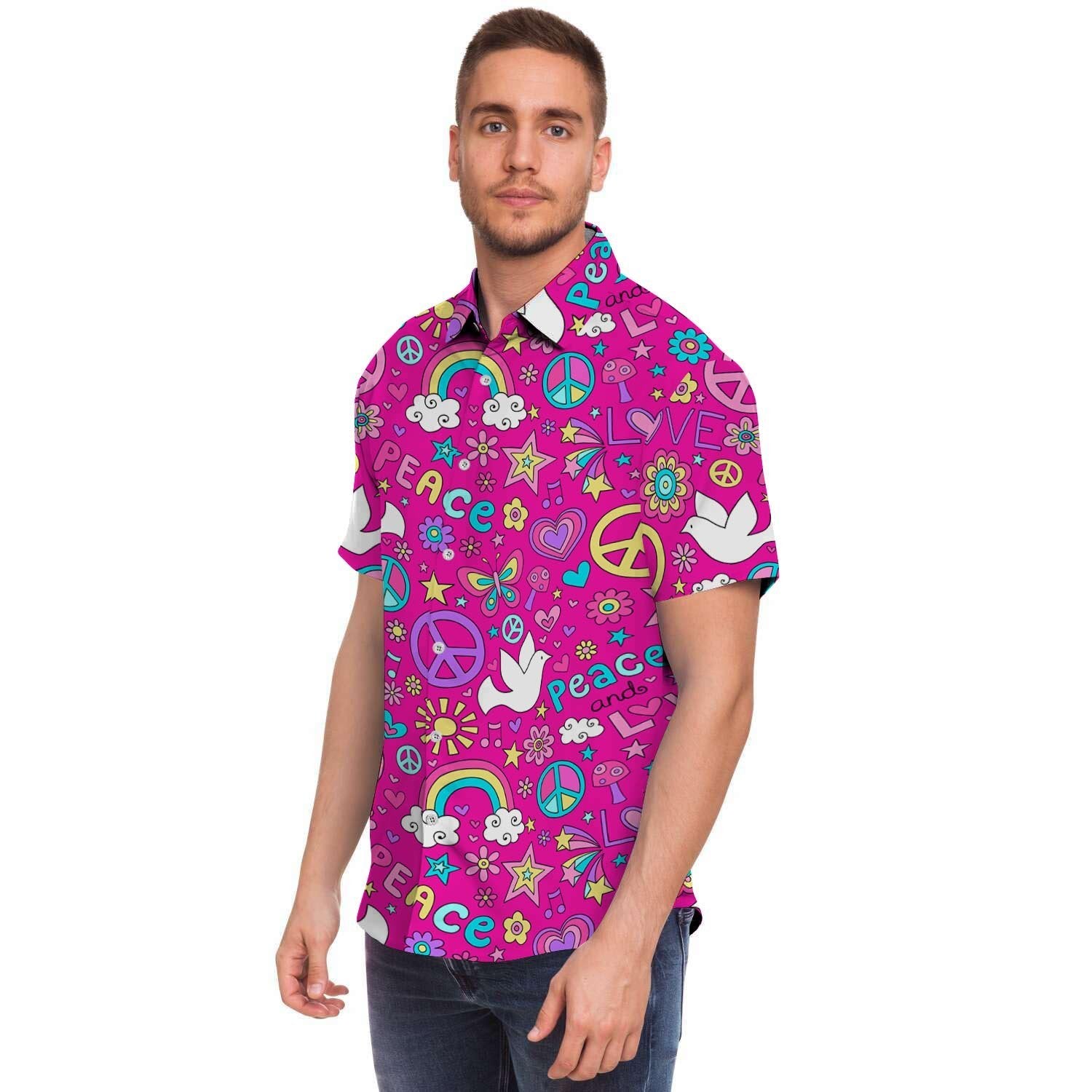 Pink Hippie Men Print Short Sleeve Button-Up Shirts