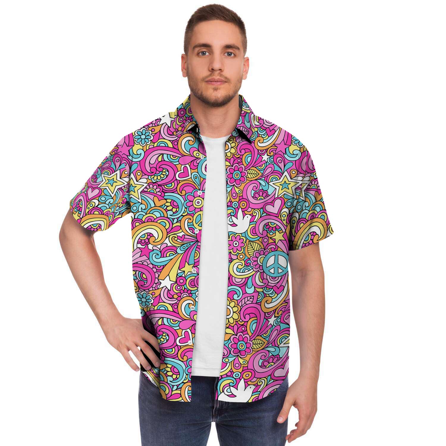 Pink Hippie Psychedelic Men Print Short Sleeve Button-Up Shirts