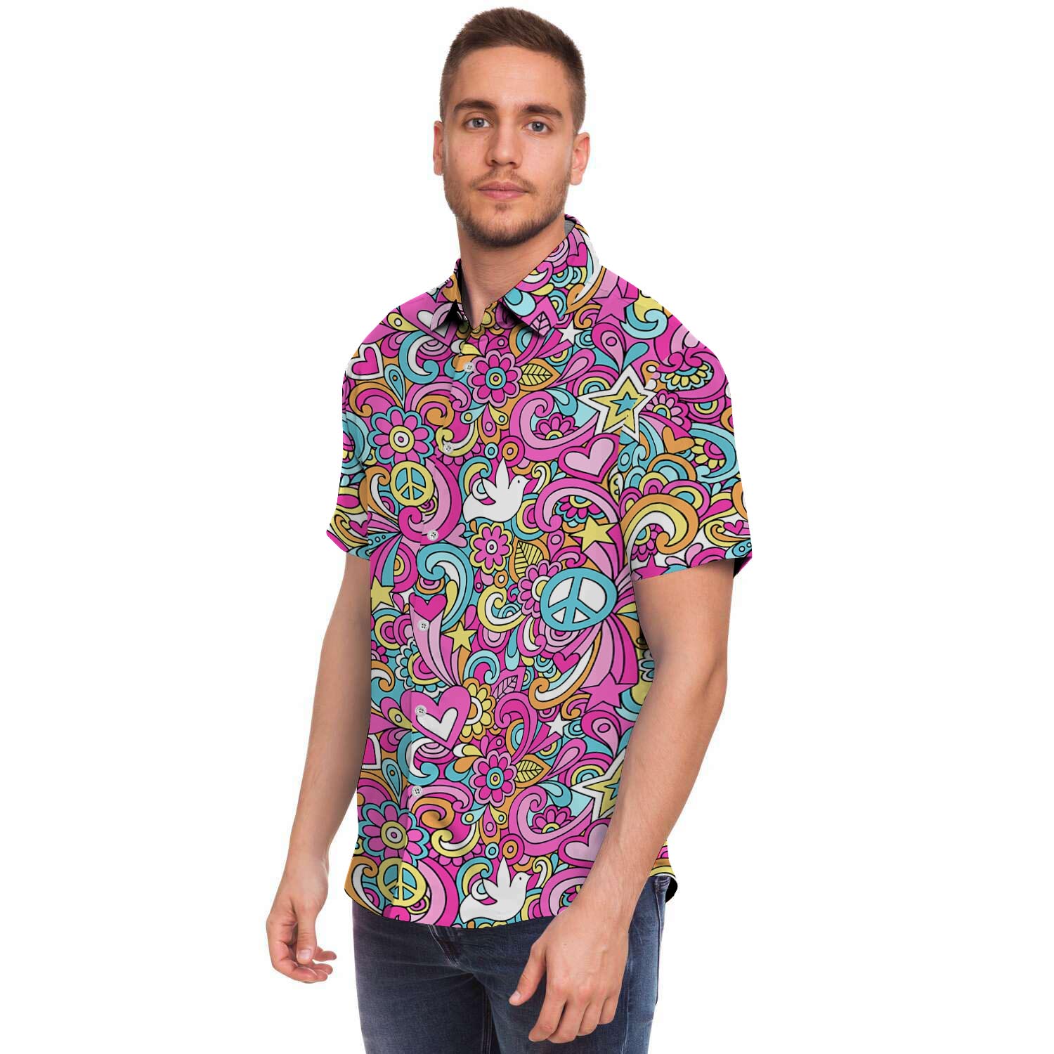 Pink Hippie Psychedelic Men Print Short Sleeve Button-Up Shirts
