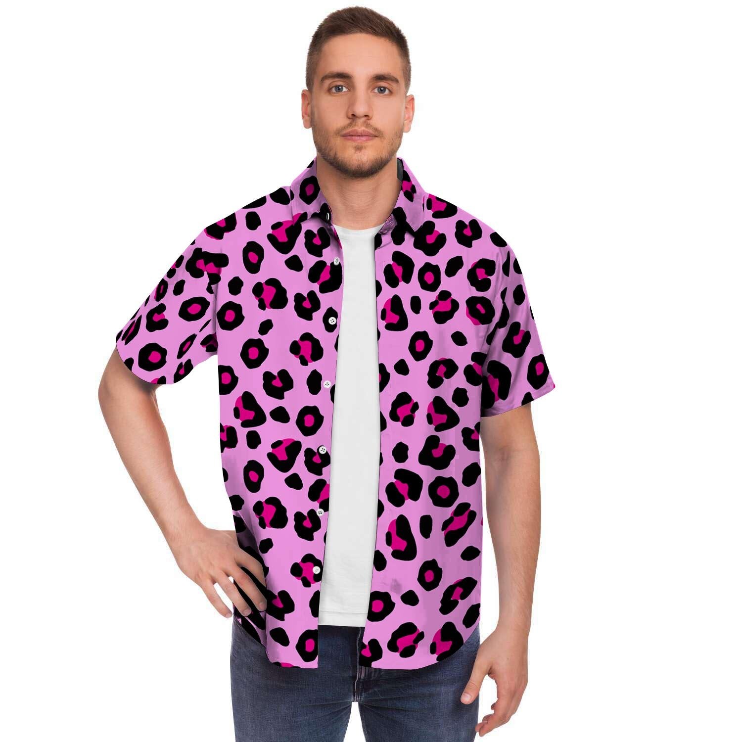 Pink Leopard Men Print Short Sleeve Button-Up Shirts