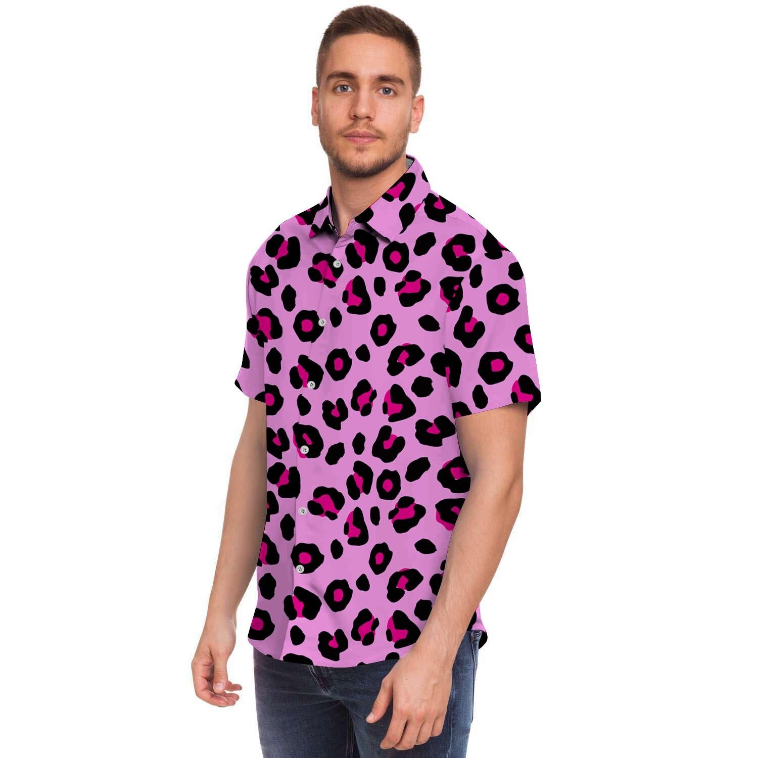 Pink Leopard Men Print Short Sleeve Button-Up Shirts