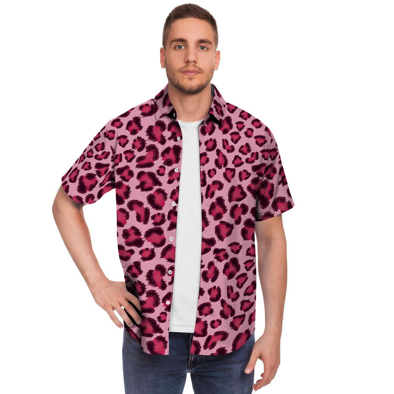 Pink Leopard Print Men Print Short Sleeve Button-Up Shirts
