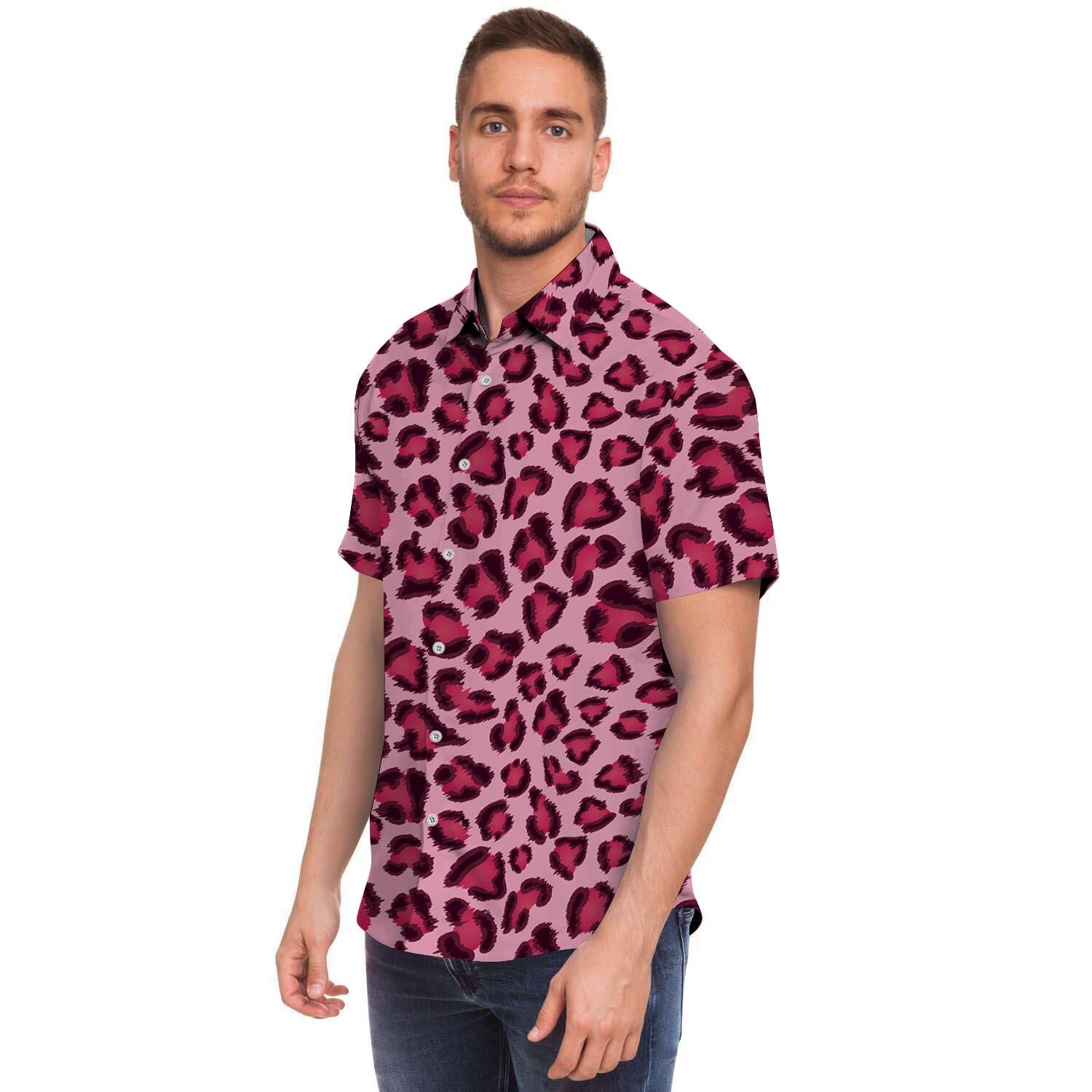 Pink Leopard Print Men Print Short Sleeve Button-Up Shirts