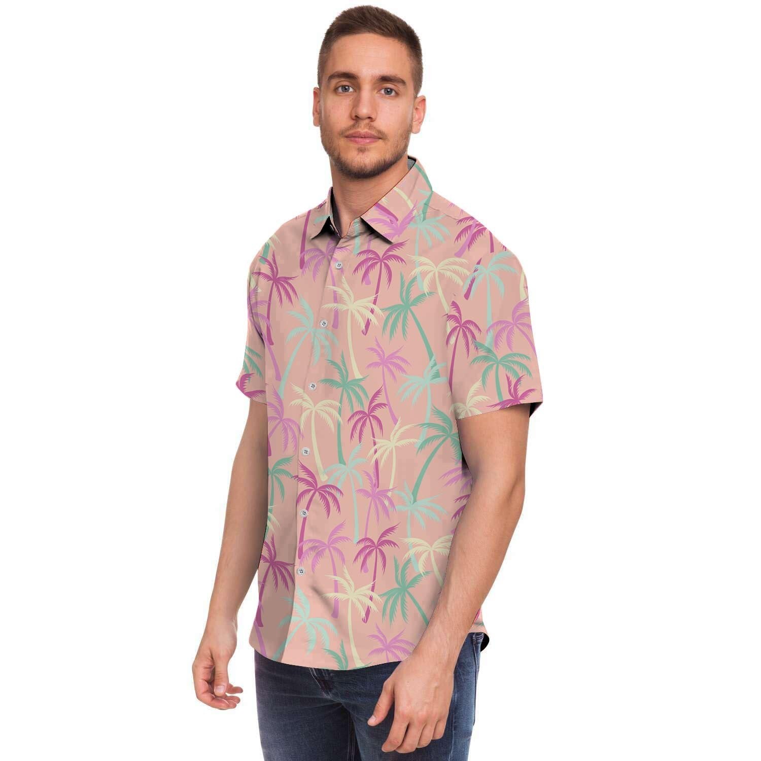 Pink Palm Tree Hawaiian Print Men Print Short Sleeve Button-Up Shirts