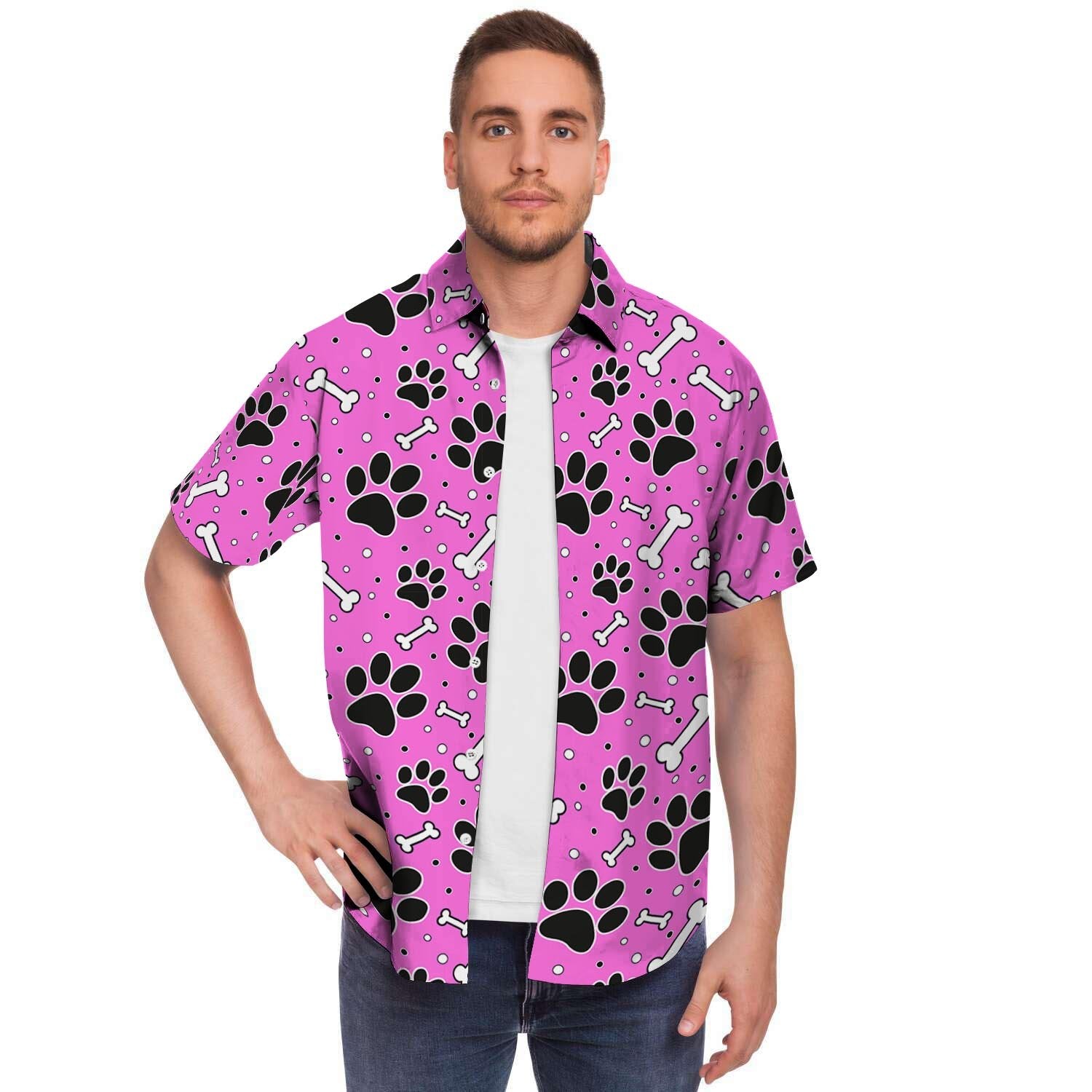 Pink Paw Men Print Short Sleeve Button-Up Shirts