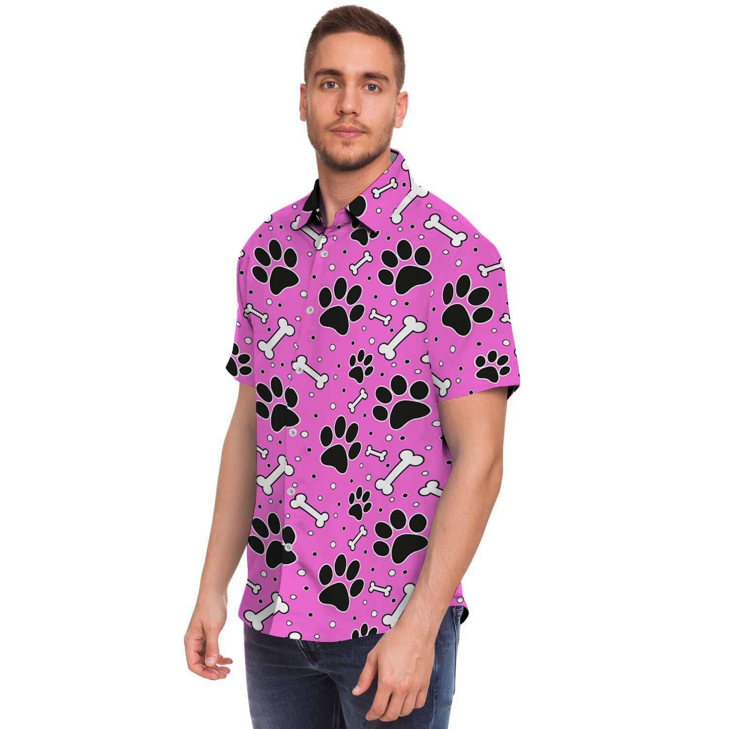 Pink Paw Men Print Short Sleeve Button-Up Shirts