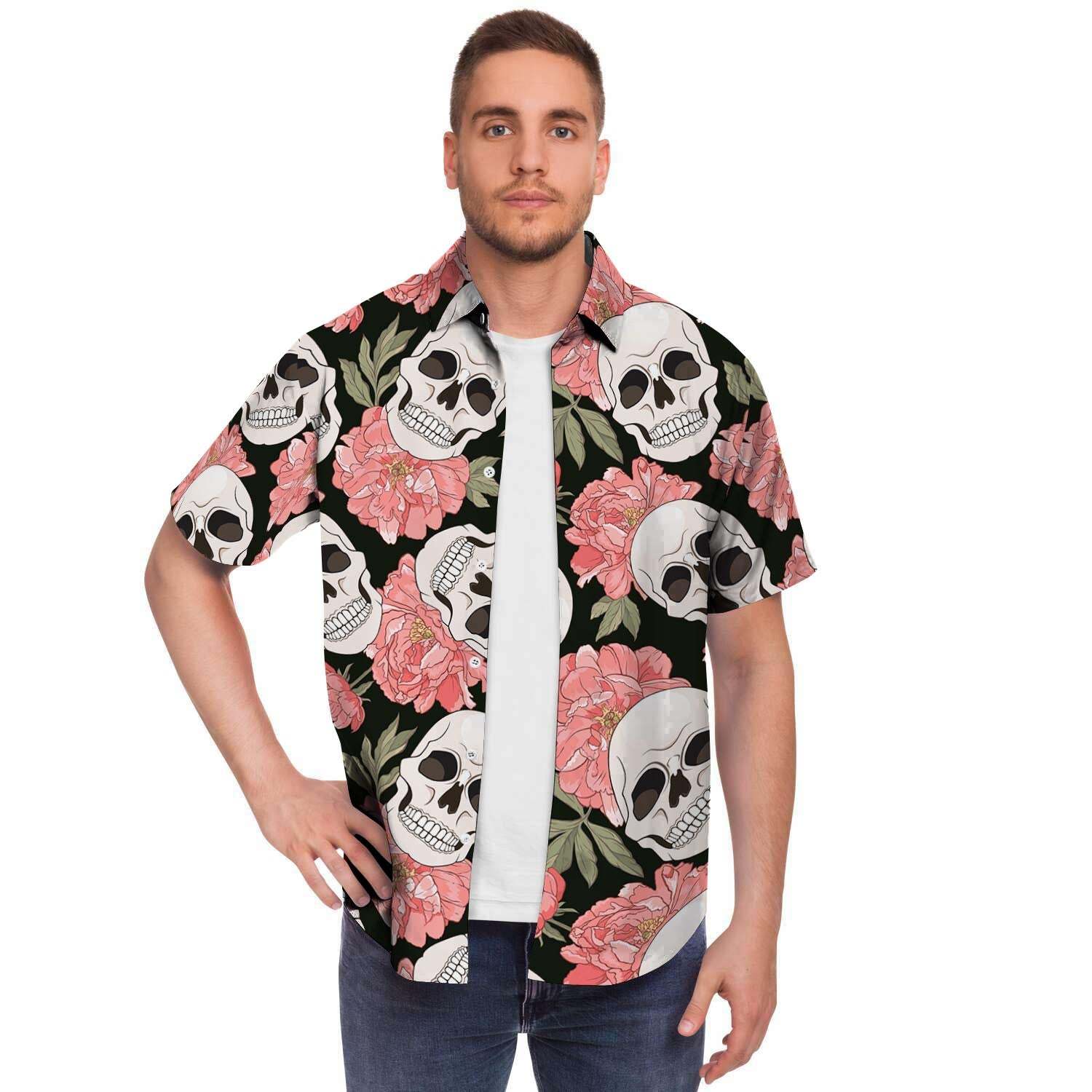 Pink Peony Skull Men Print Short Sleeve Button-Up Shirts