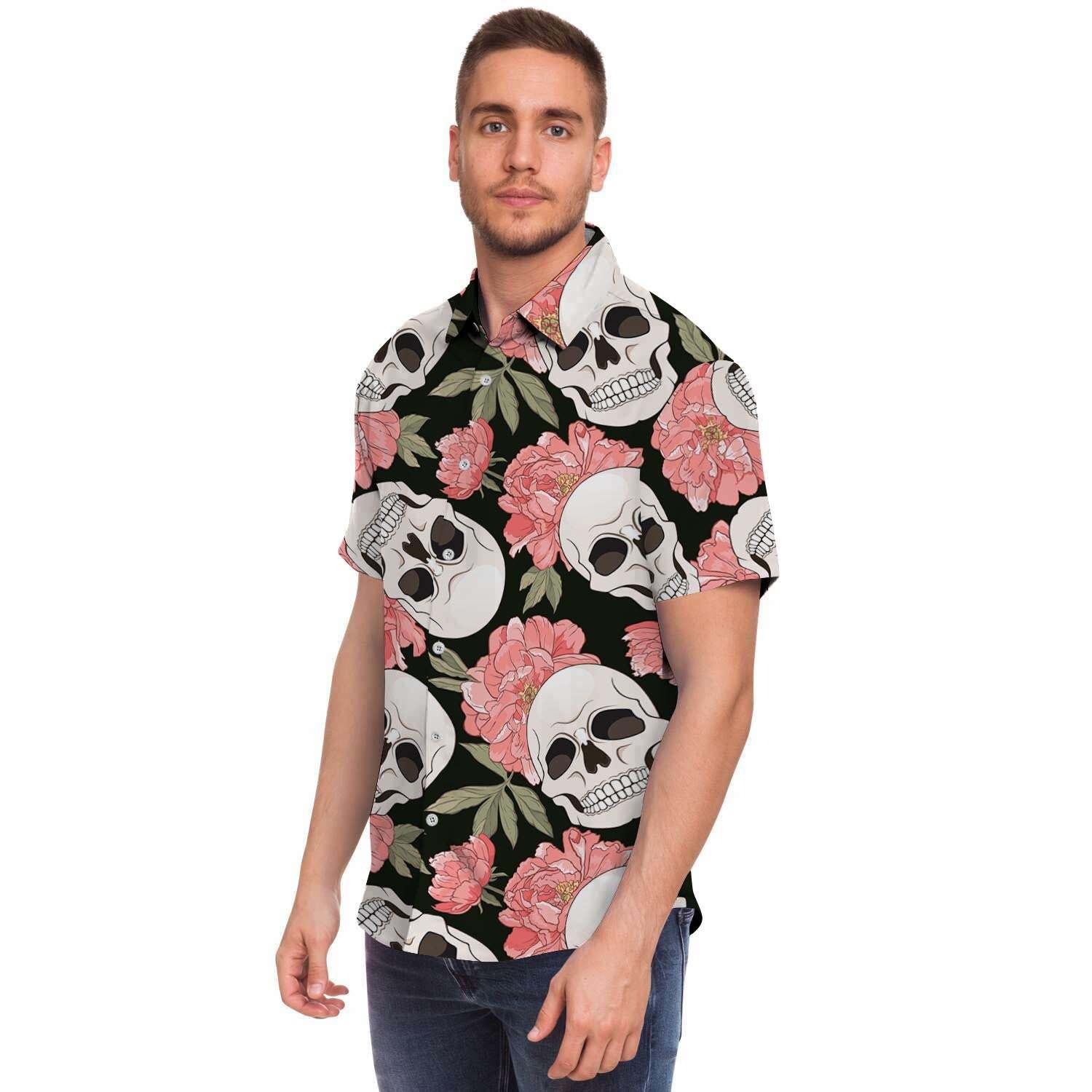 Pink Peony Skull Men Print Short Sleeve Button-Up Shirts
