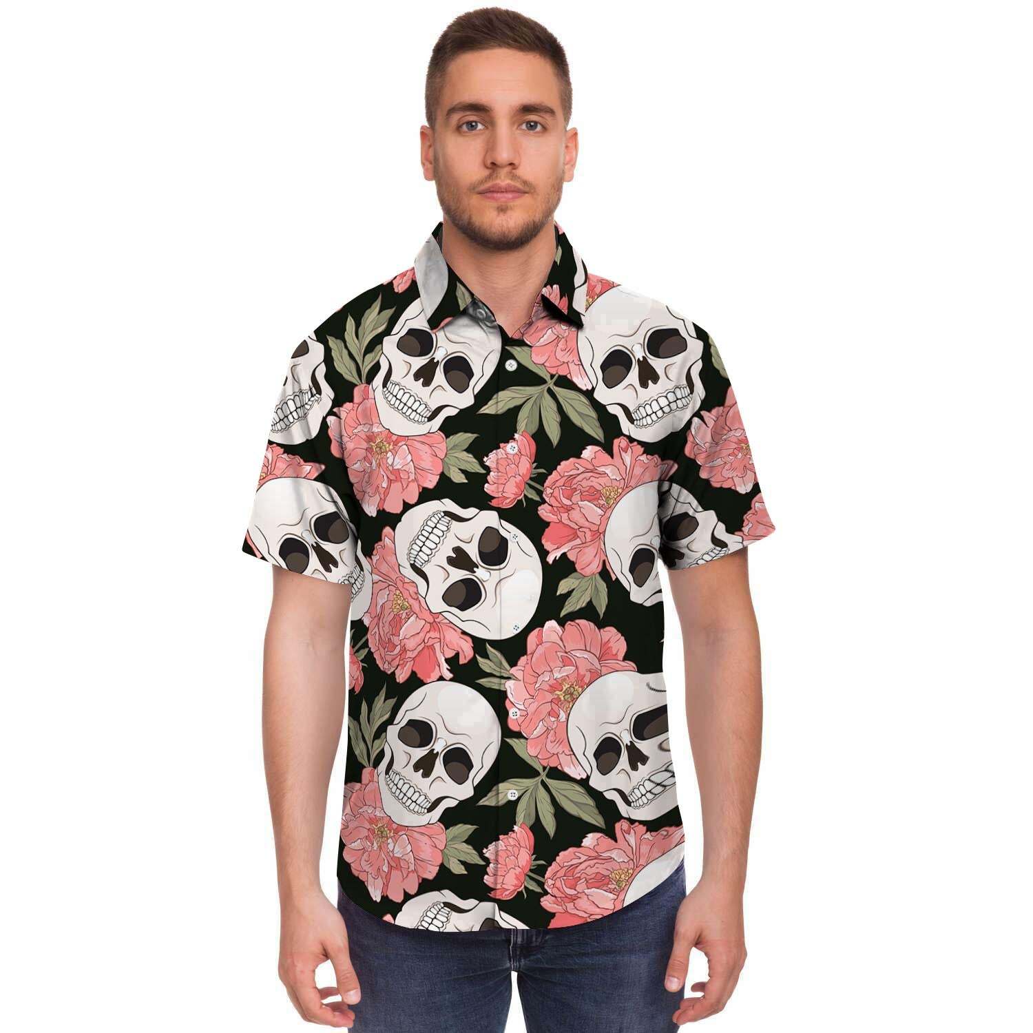 Pink Peony Skull Men Print Short Sleeve Button-Up Shirts