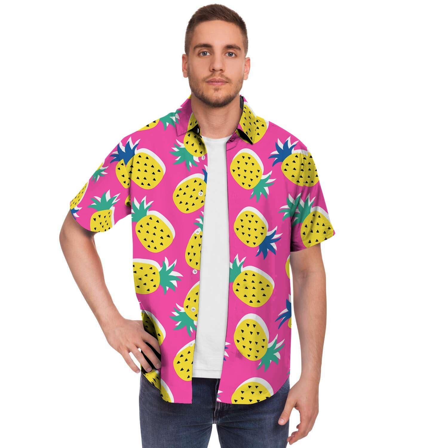 Pink Pineapple Print Men Print Short Sleeve Button-Up Shirts