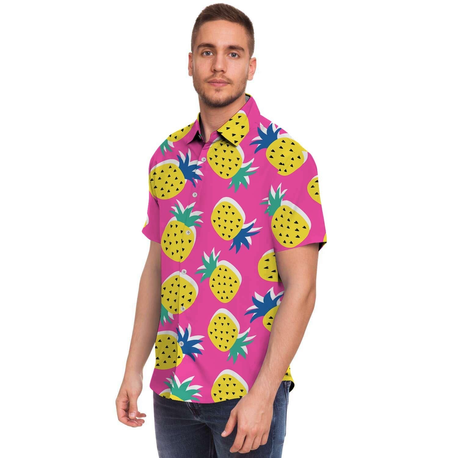 Pink Pineapple Print Men Print Short Sleeve Button-Up Shirts
