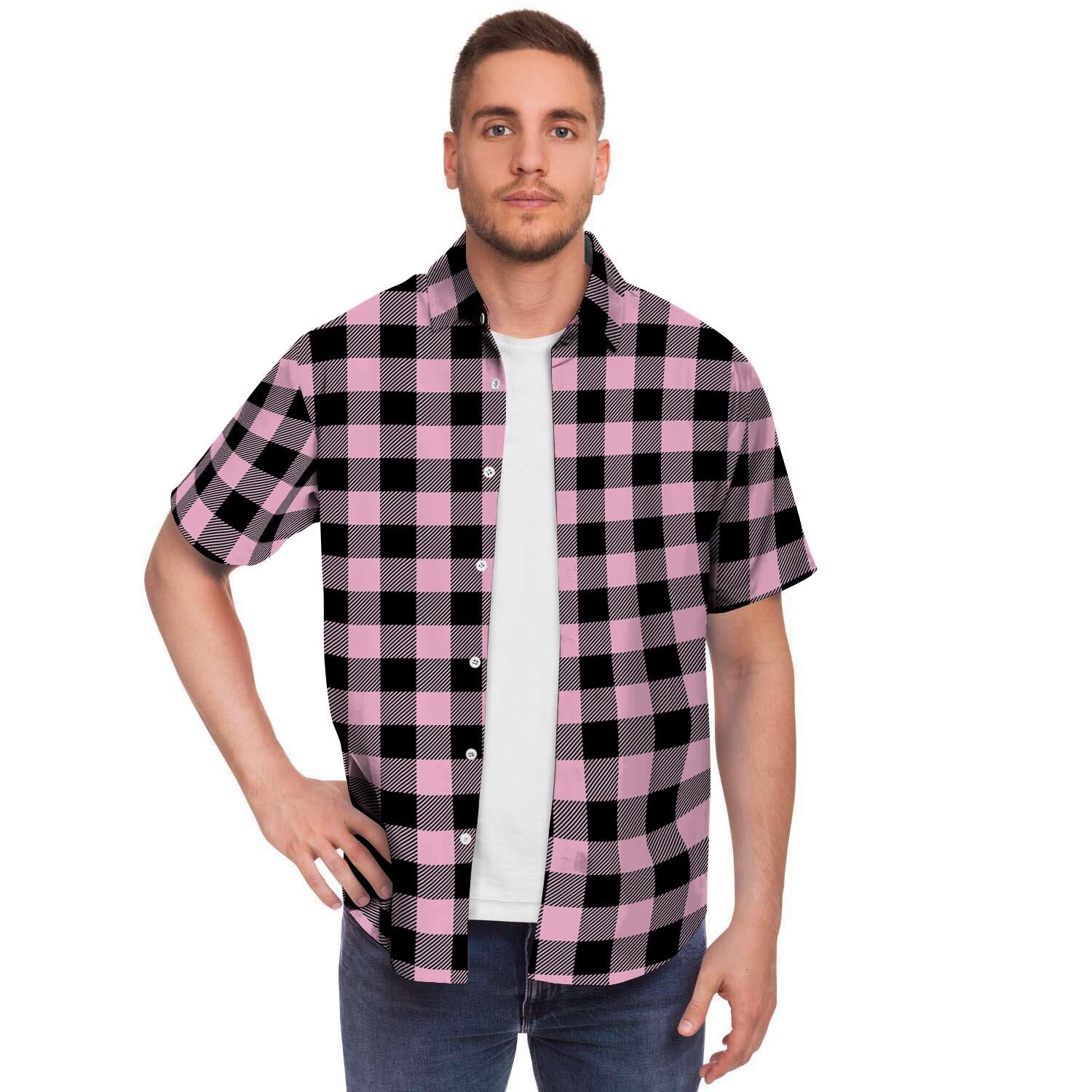 Pink Plaid Men Print Short Sleeve Button-Up Shirts