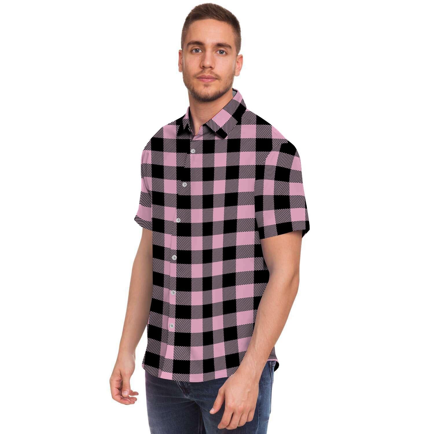 Pink Plaid Men Print Short Sleeve Button-Up Shirts