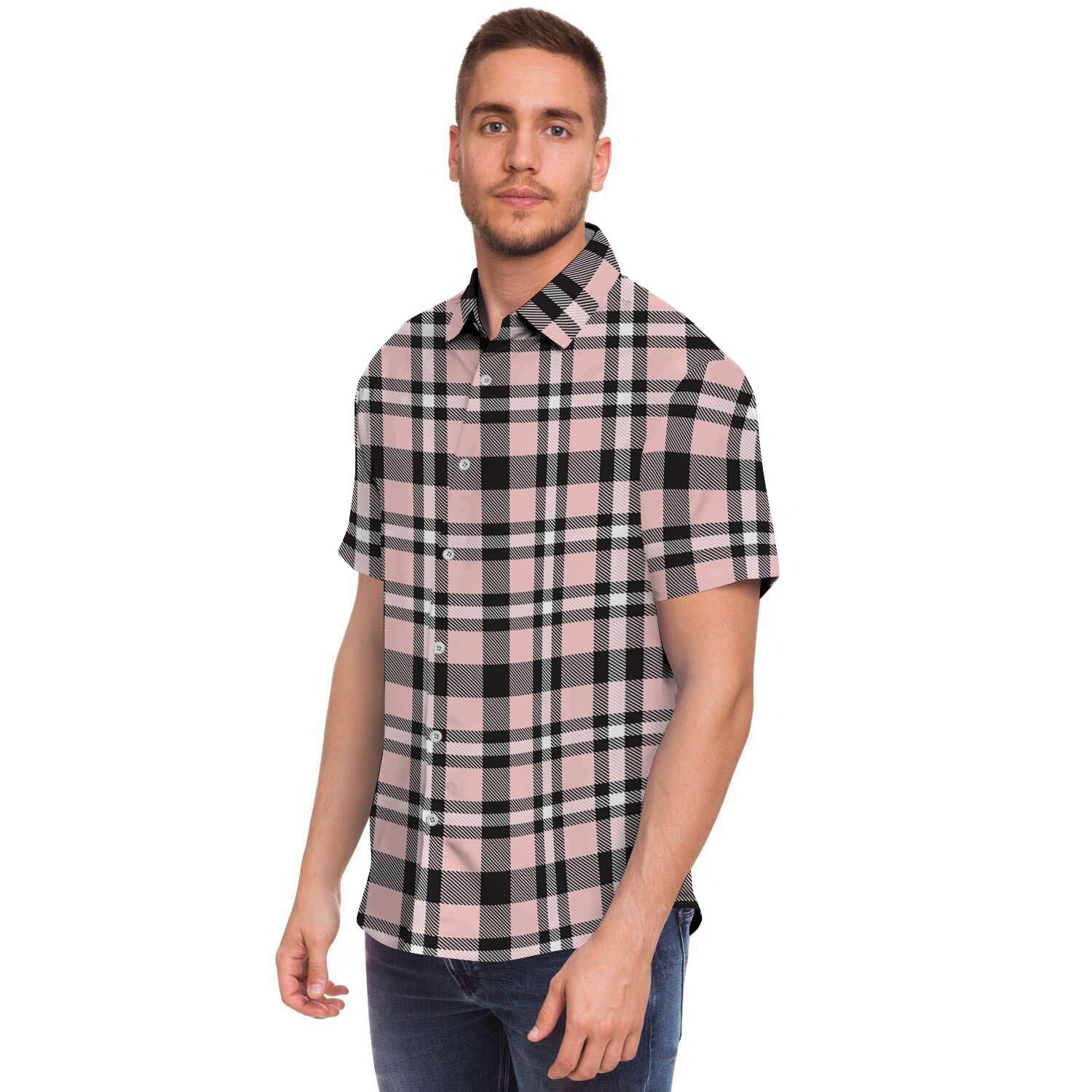 Pink Plaid Tartan Men Print Short Sleeve Button-Up Shirts