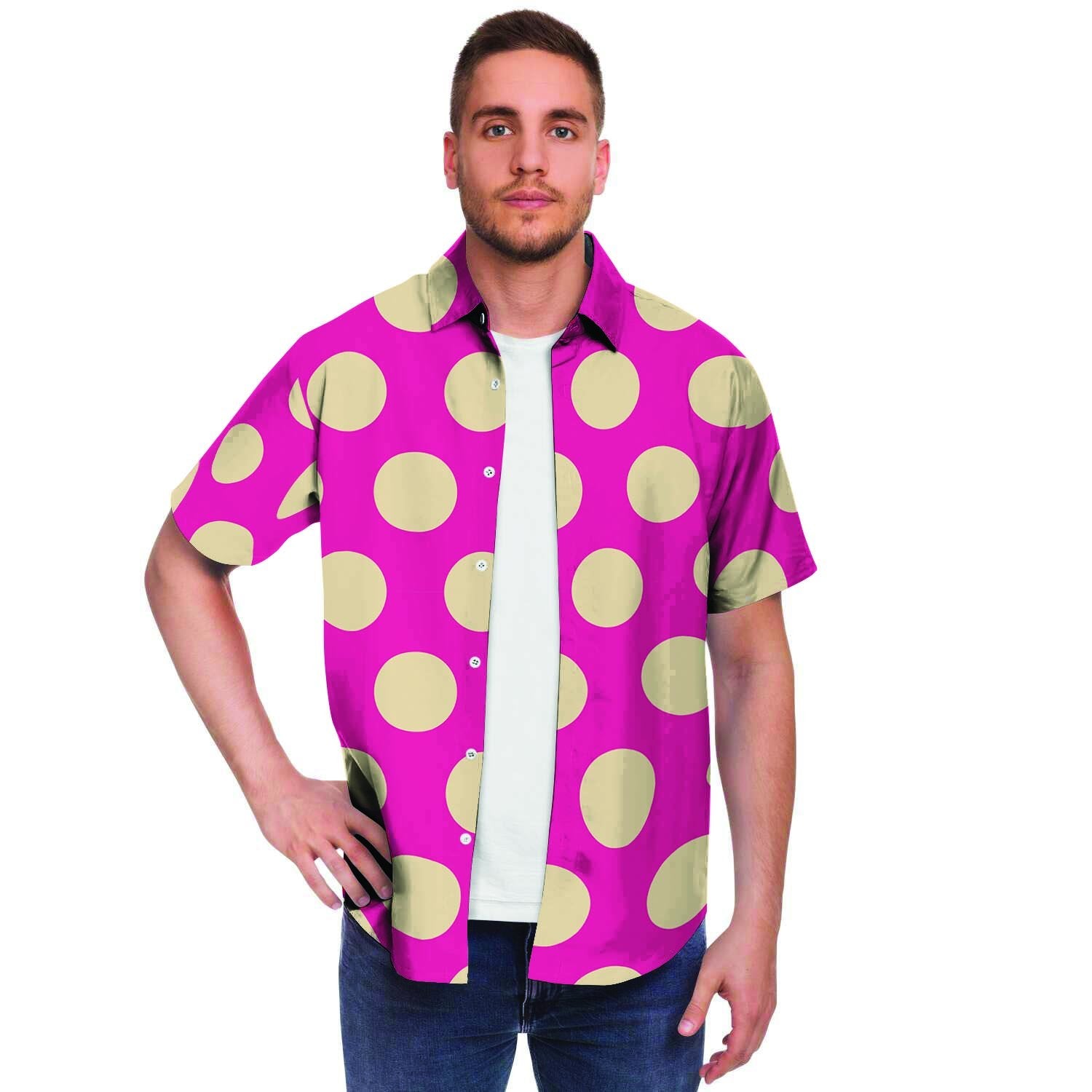 Pink Polka Dot Men Print Short Sleeve Button-Up Shirts
