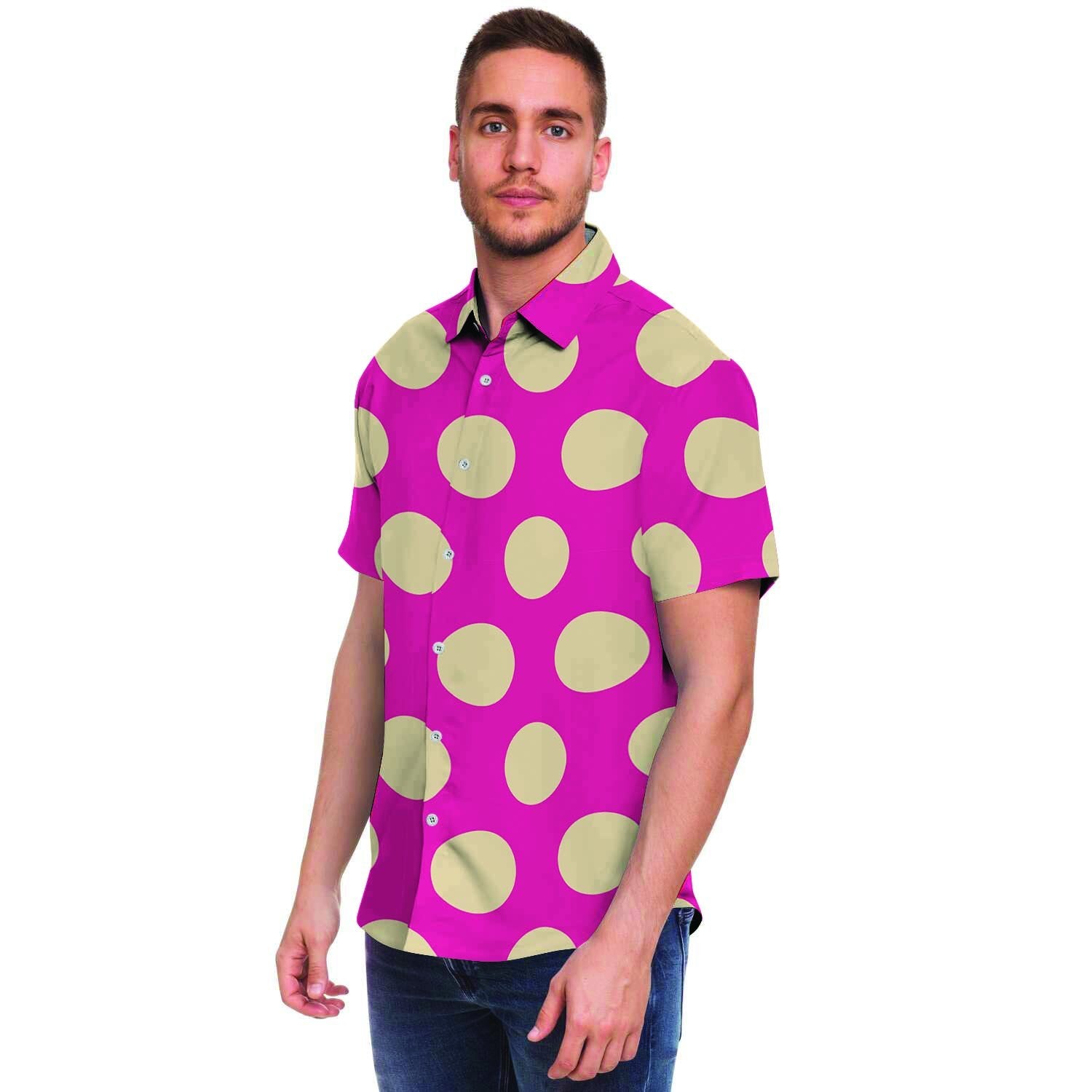 Pink Polka Dot Men Print Short Sleeve Button-Up Shirts