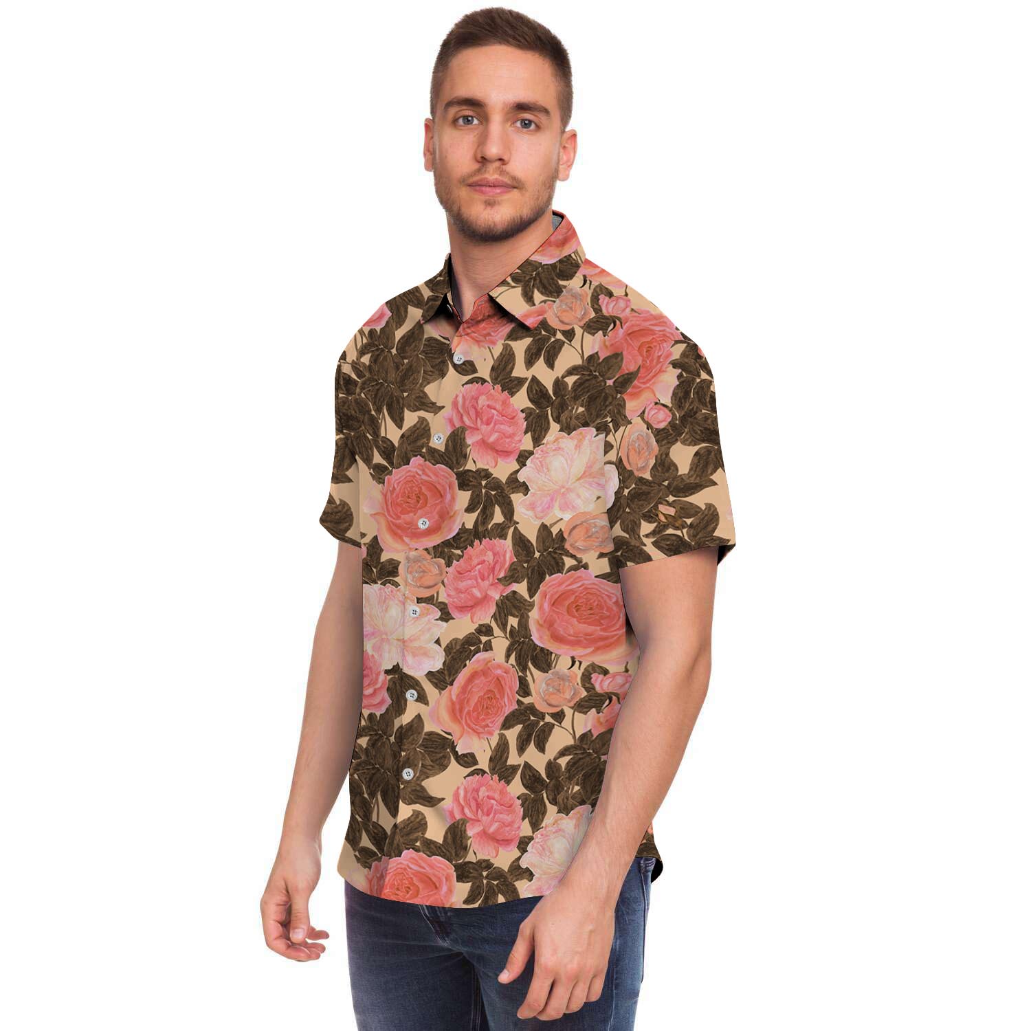 Pink Rose Floral Men Print Short Sleeve Button-Up Shirts